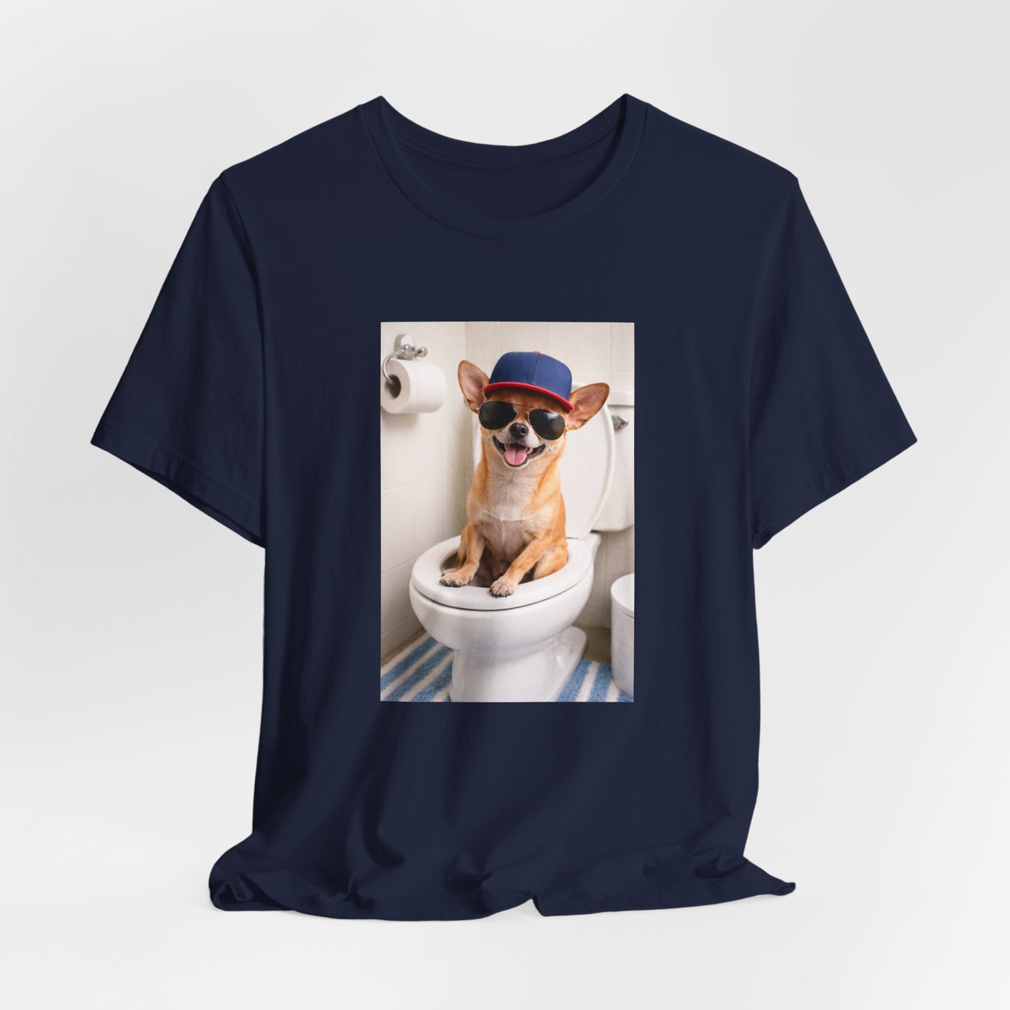 GA- Funny Chihuahua on Toilet T-Shirt — Cute Dog Graphic Tee with Sunglasses & Hat