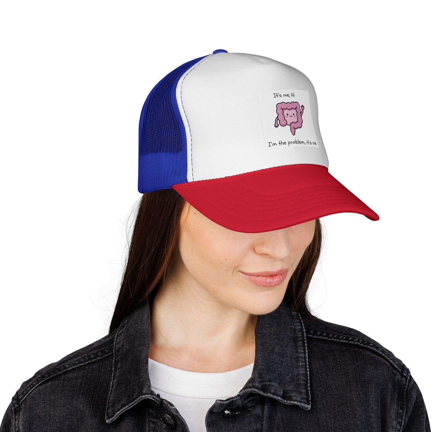 CAN- Trucker Cap — Cute Pink Colon  Cancer Cartoon "It's Me, Hi"  Hat