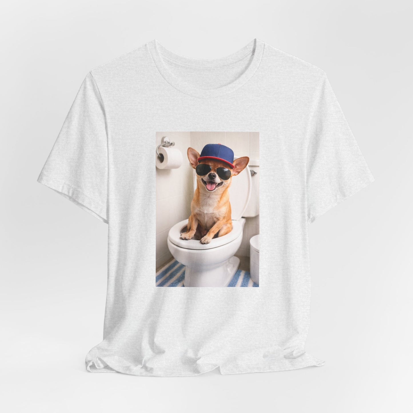 GA- Funny Chihuahua on Toilet T-Shirt — Cute Dog Graphic Tee with Sunglasses & Hat