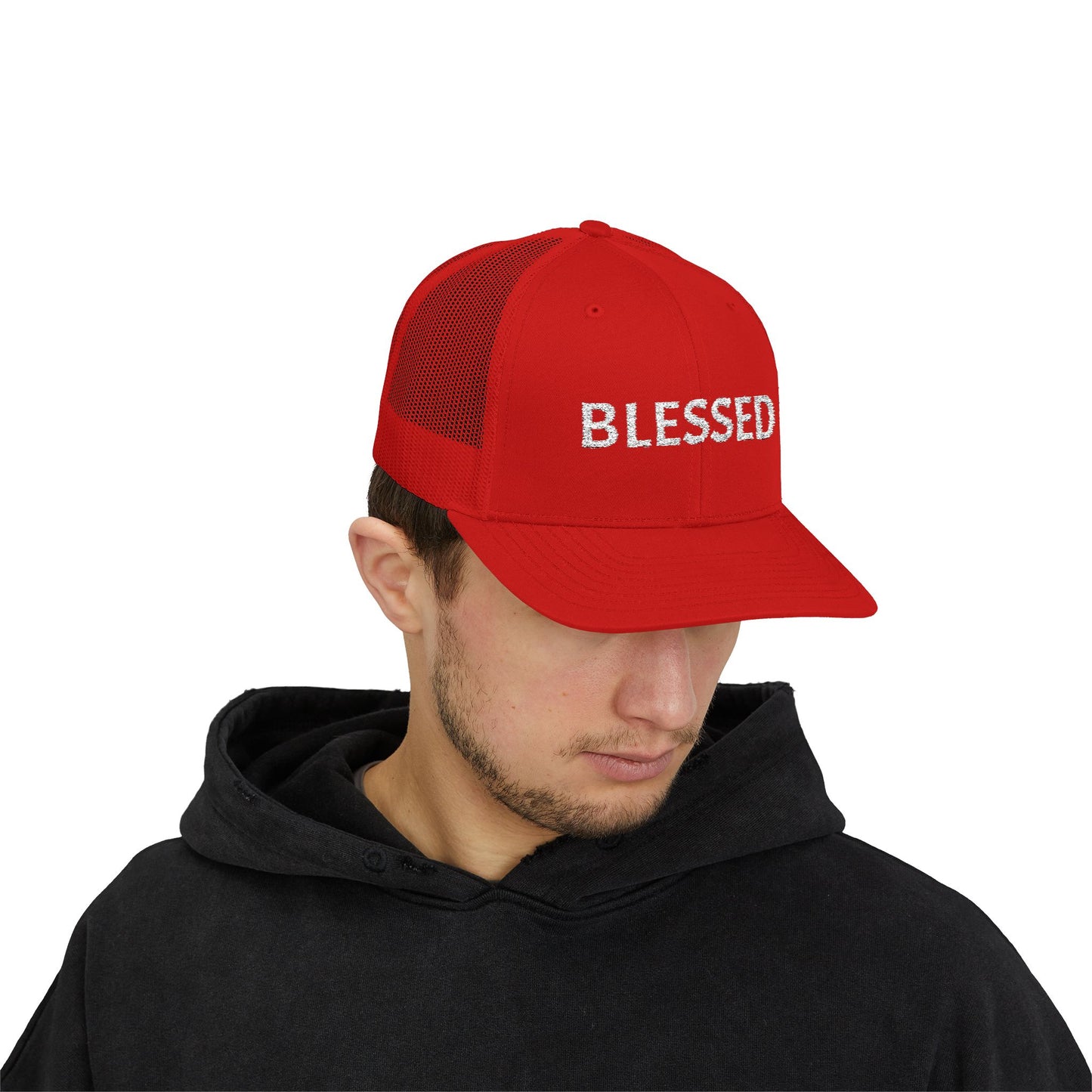 C- Blessed Trucker Cap — Embroidered 'BLESSED' Snapback Hat