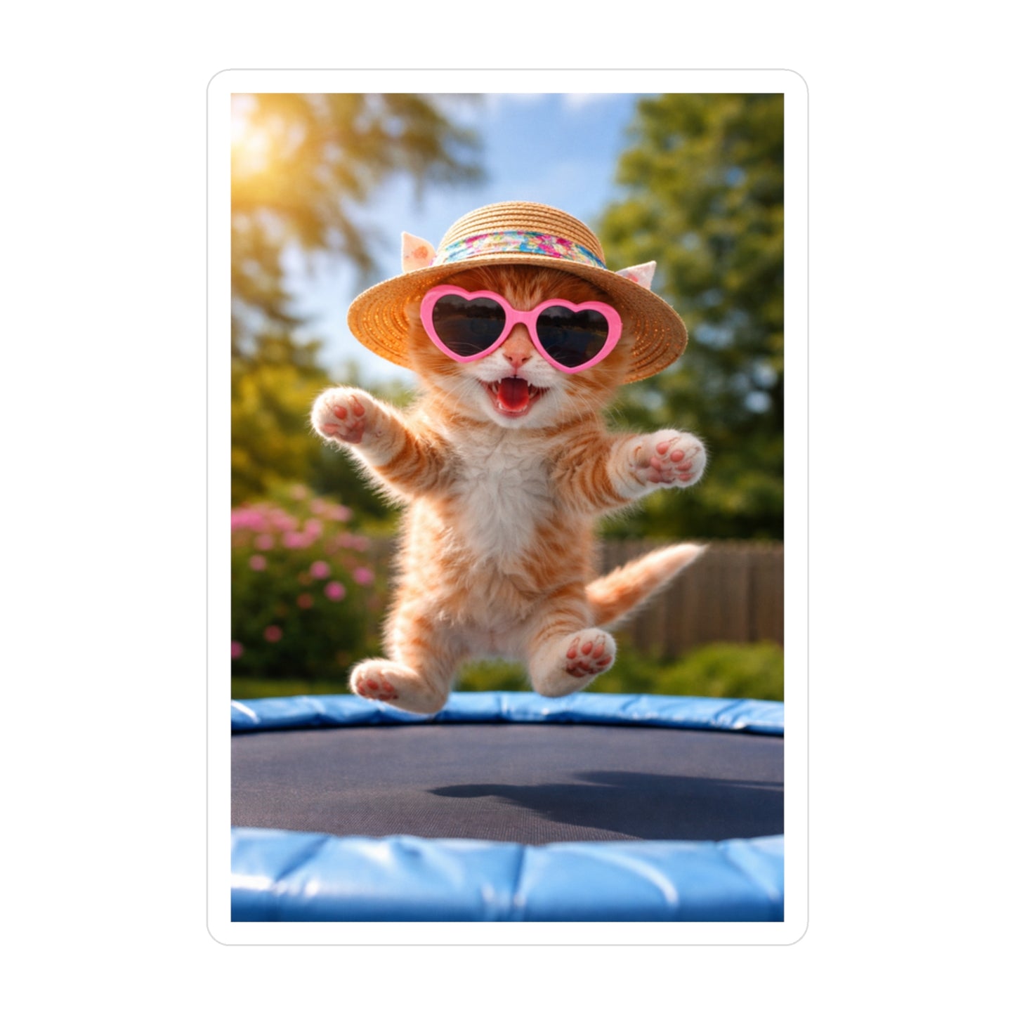 GA- Cute Cat Vinyl Sticker — Sun Hat Kitty on Trampoline Kiss-Cut Decal
