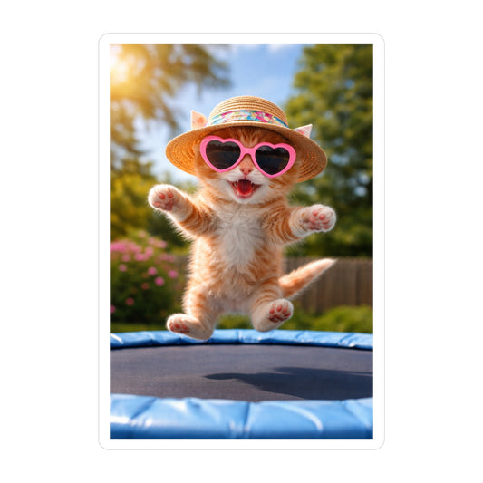 GA- Cute Cat Vinyl Sticker — Sun Hat Kitty on Trampoline Kiss-Cut Decal