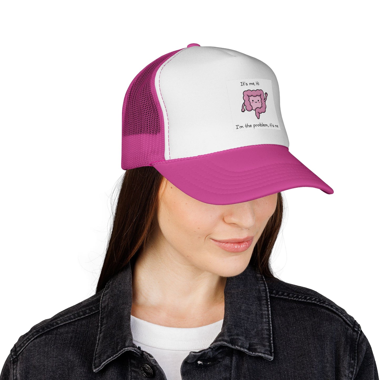 CAN- Trucker Cap — Cute Pink Colon  Cancer Cartoon "It's Me, Hi"  Hat