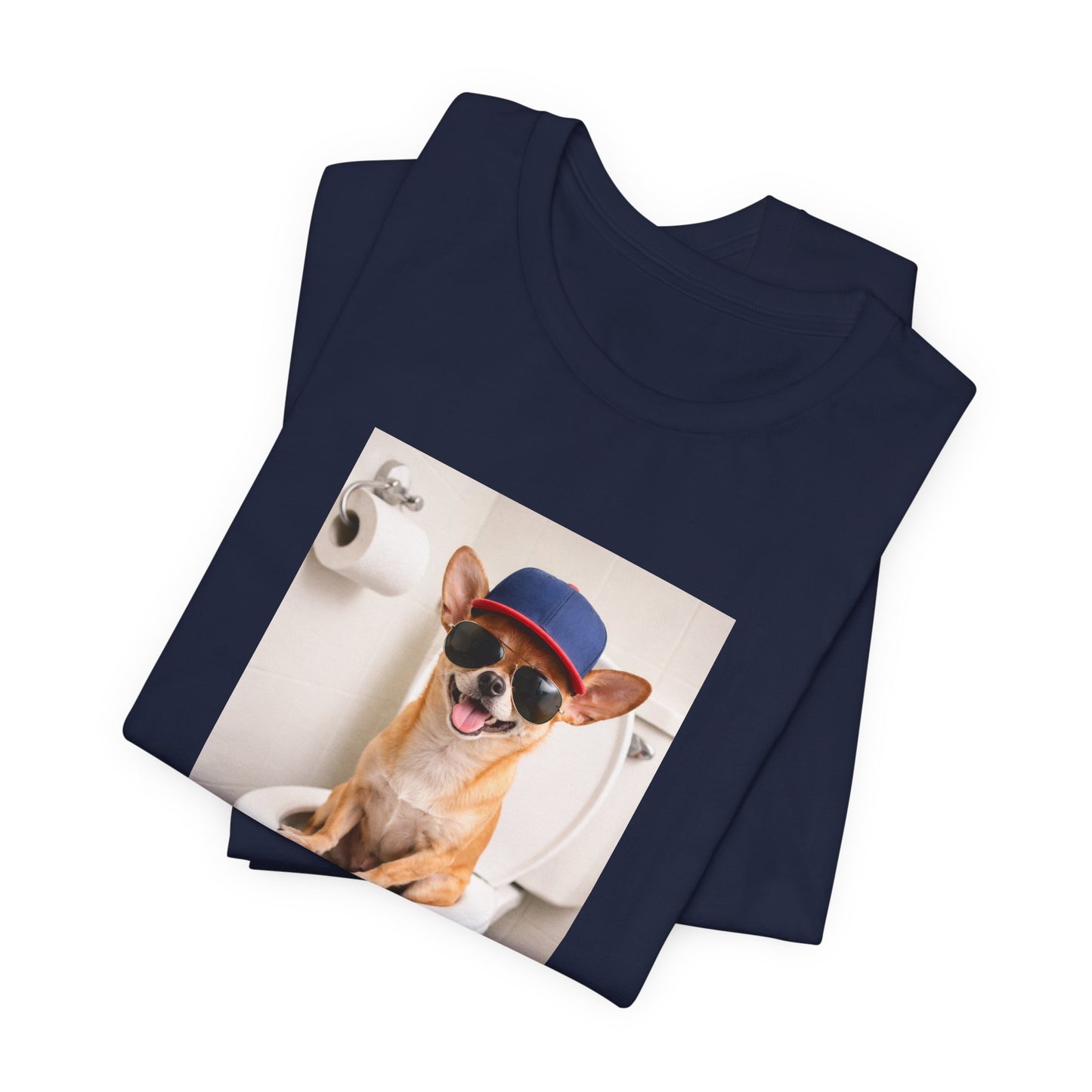 GA- Funny Chihuahua on Toilet T-Shirt — Cute Dog Graphic Tee with Sunglasses & Hat