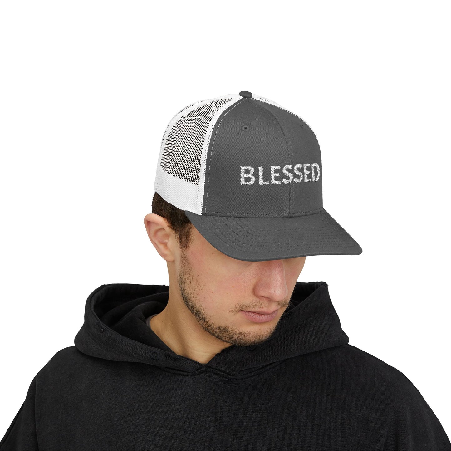 C- Blessed Trucker Cap — Embroidered 'BLESSED' Snapback Hat