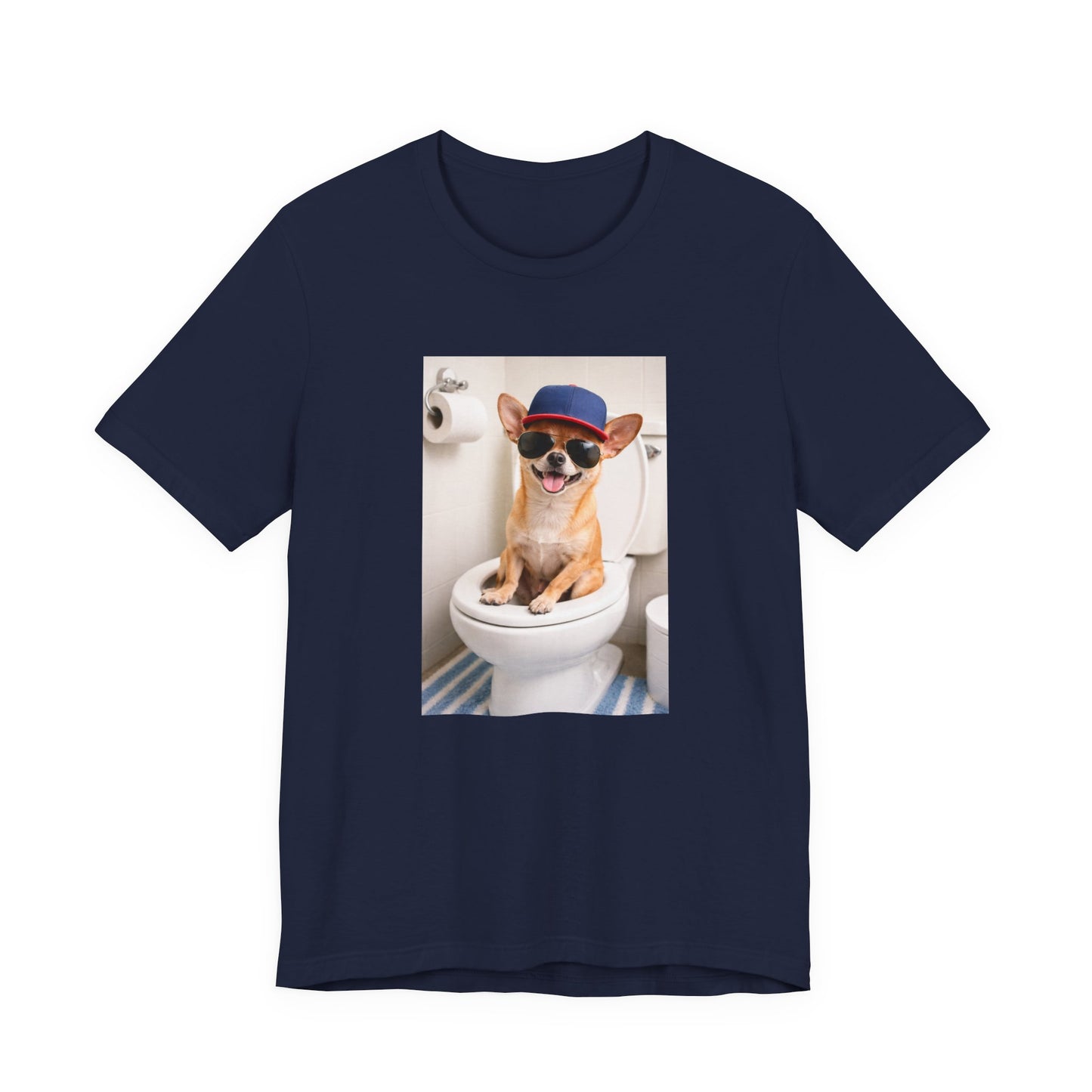 GA- Funny Chihuahua on Toilet T-Shirt — Cute Dog Graphic Tee with Sunglasses & Hat