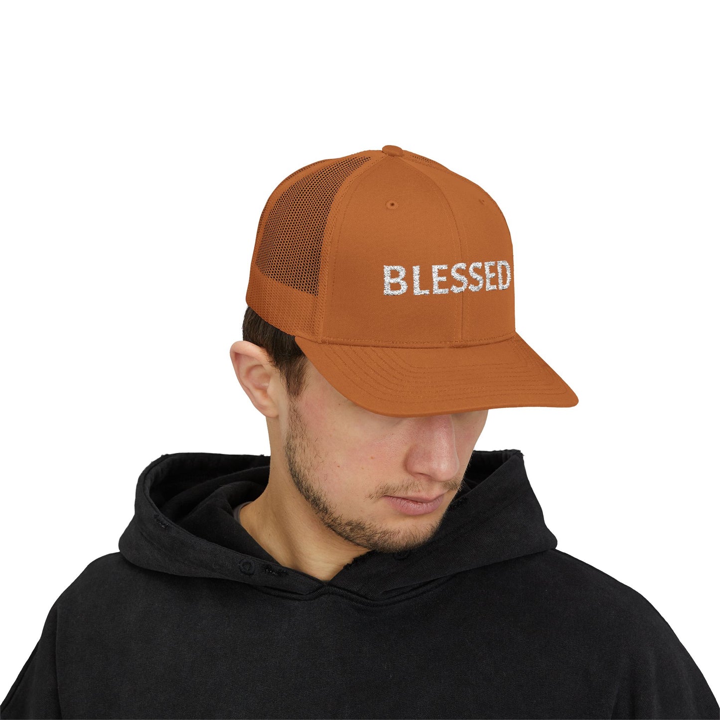 C- Blessed Trucker Cap — Embroidered 'BLESSED' Snapback Hat