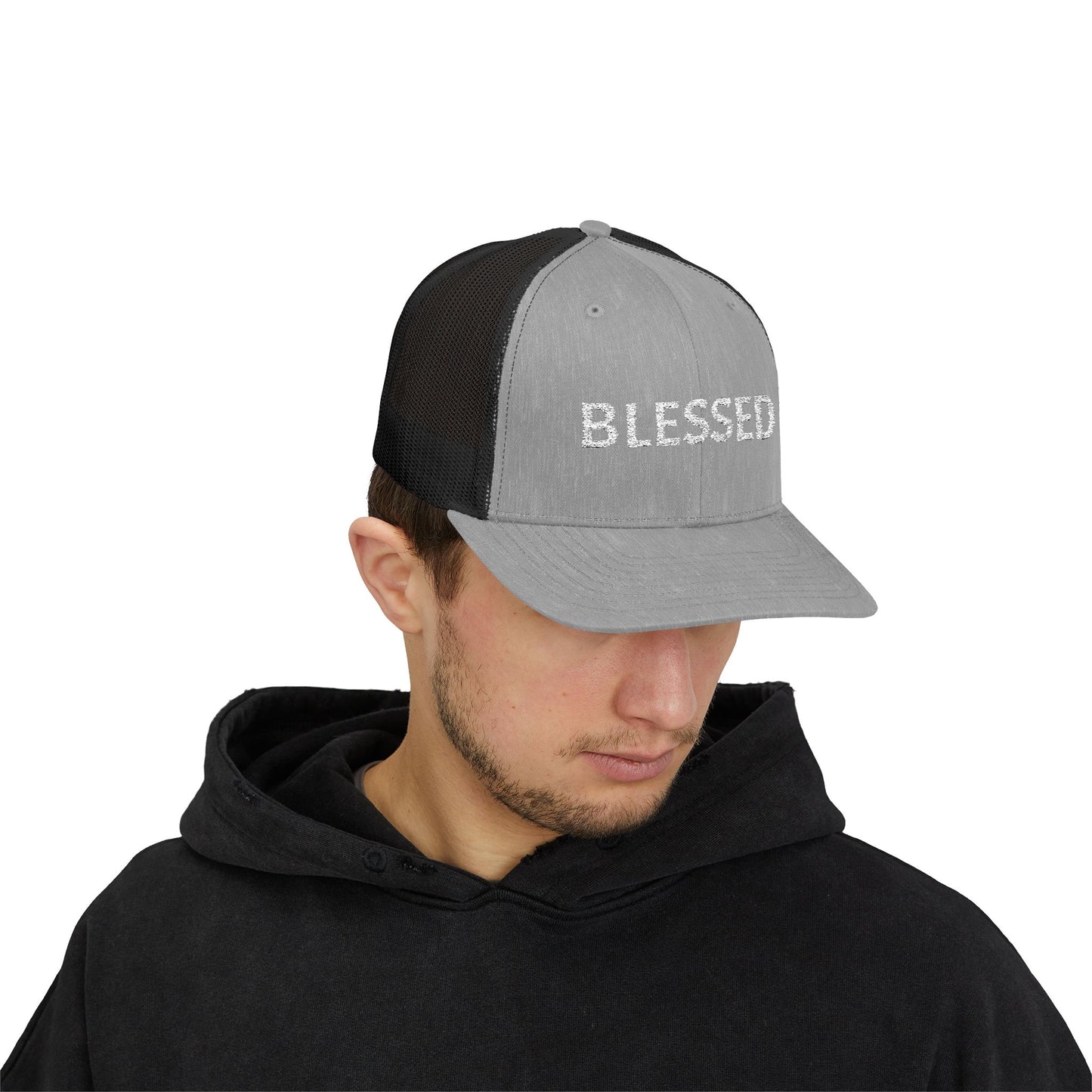 C- Blessed Trucker Cap — Embroidered 'BLESSED' Snapback Hat