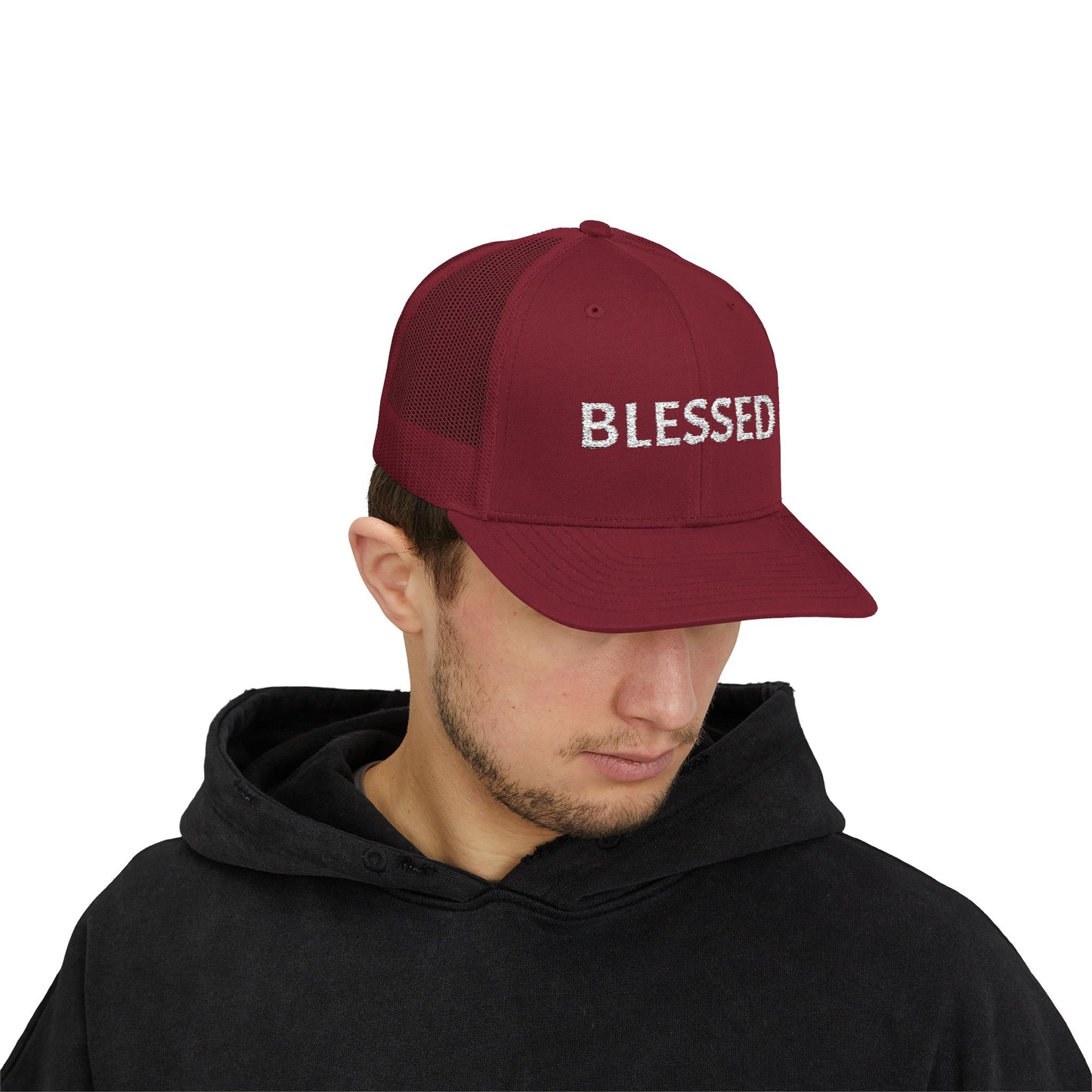 C- Blessed Trucker Cap — Embroidered 'BLESSED' Snapback Hat