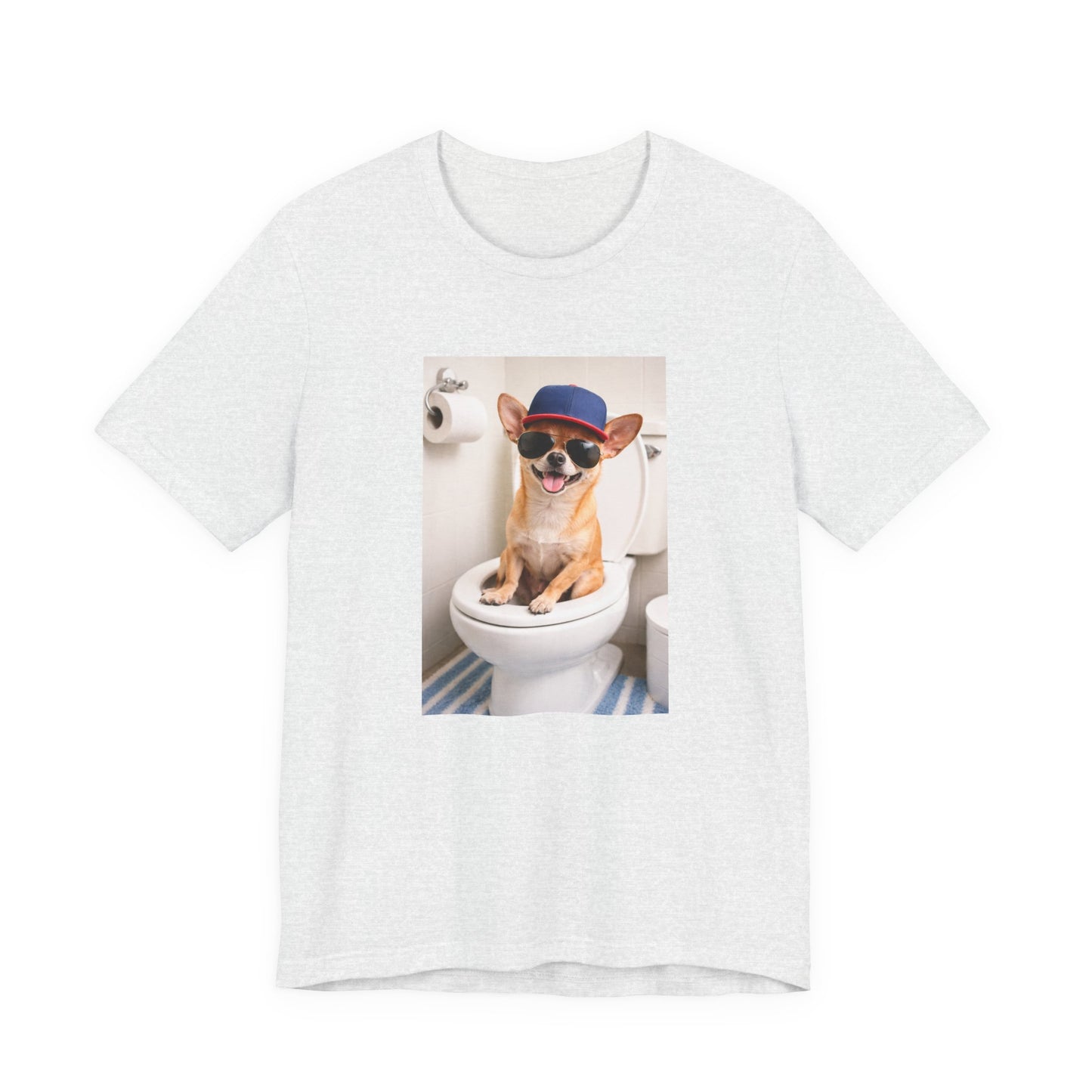 GA- Funny Chihuahua on Toilet T-Shirt — Cute Dog Graphic Tee with Sunglasses & Hat