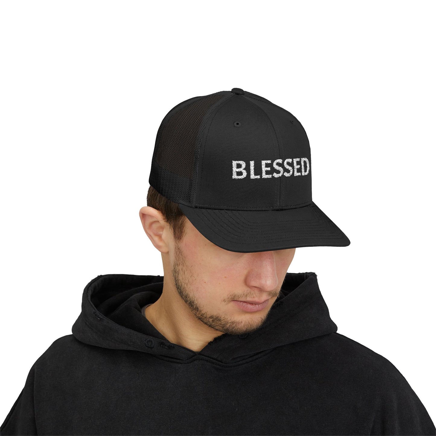 C- Blessed Trucker Cap — Embroidered 'BLESSED' Snapback Hat