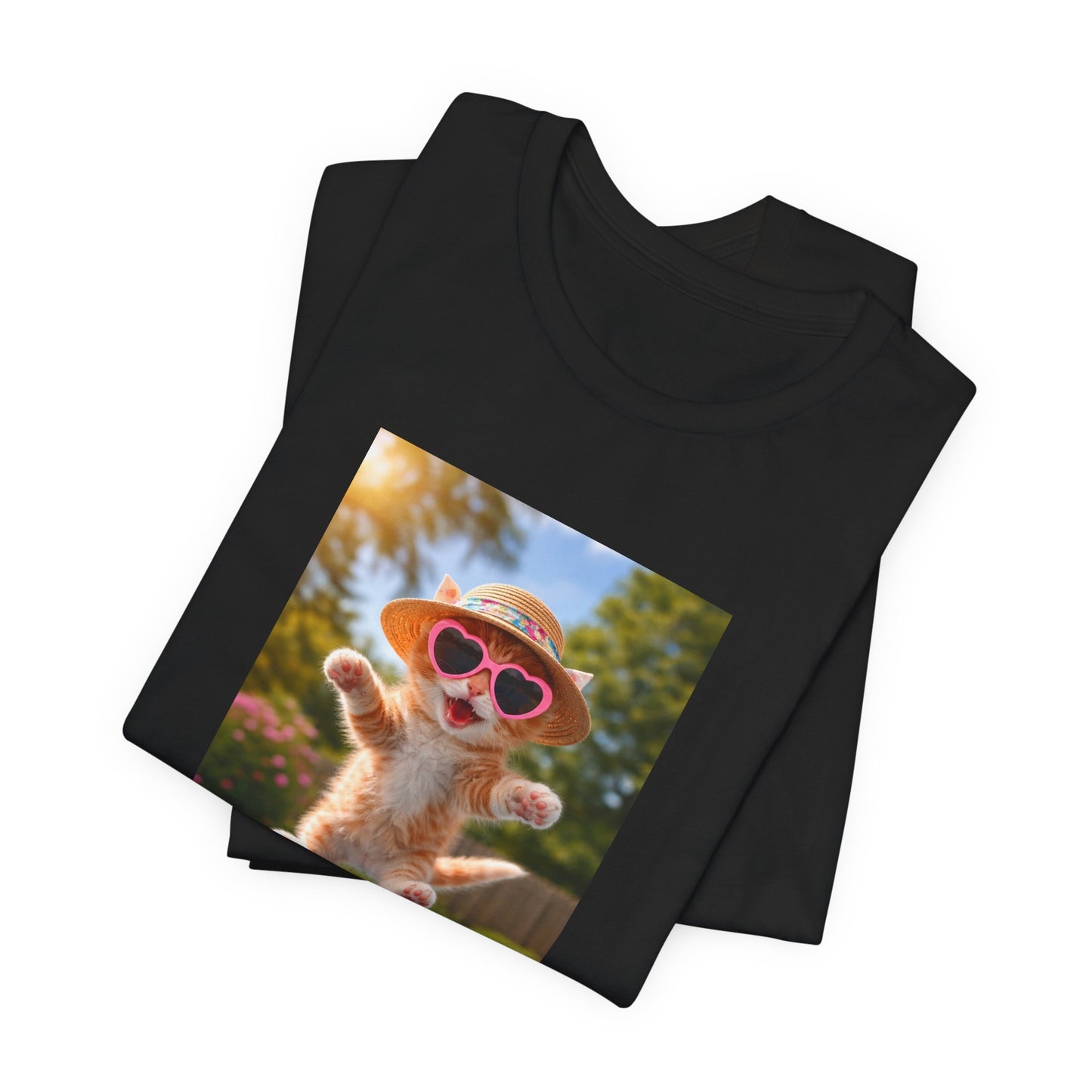 GA- Cute Cat  Tee — Kitten with Sunglasses & Straw Hat T-Shirt