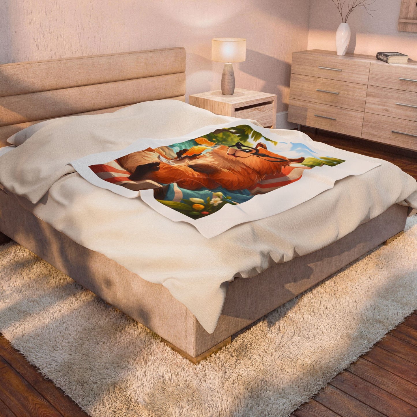 GA- Cute Bear Velveteen Blanket – Summer Lounge Plush Throw with Glasses-Wearing Bear Design