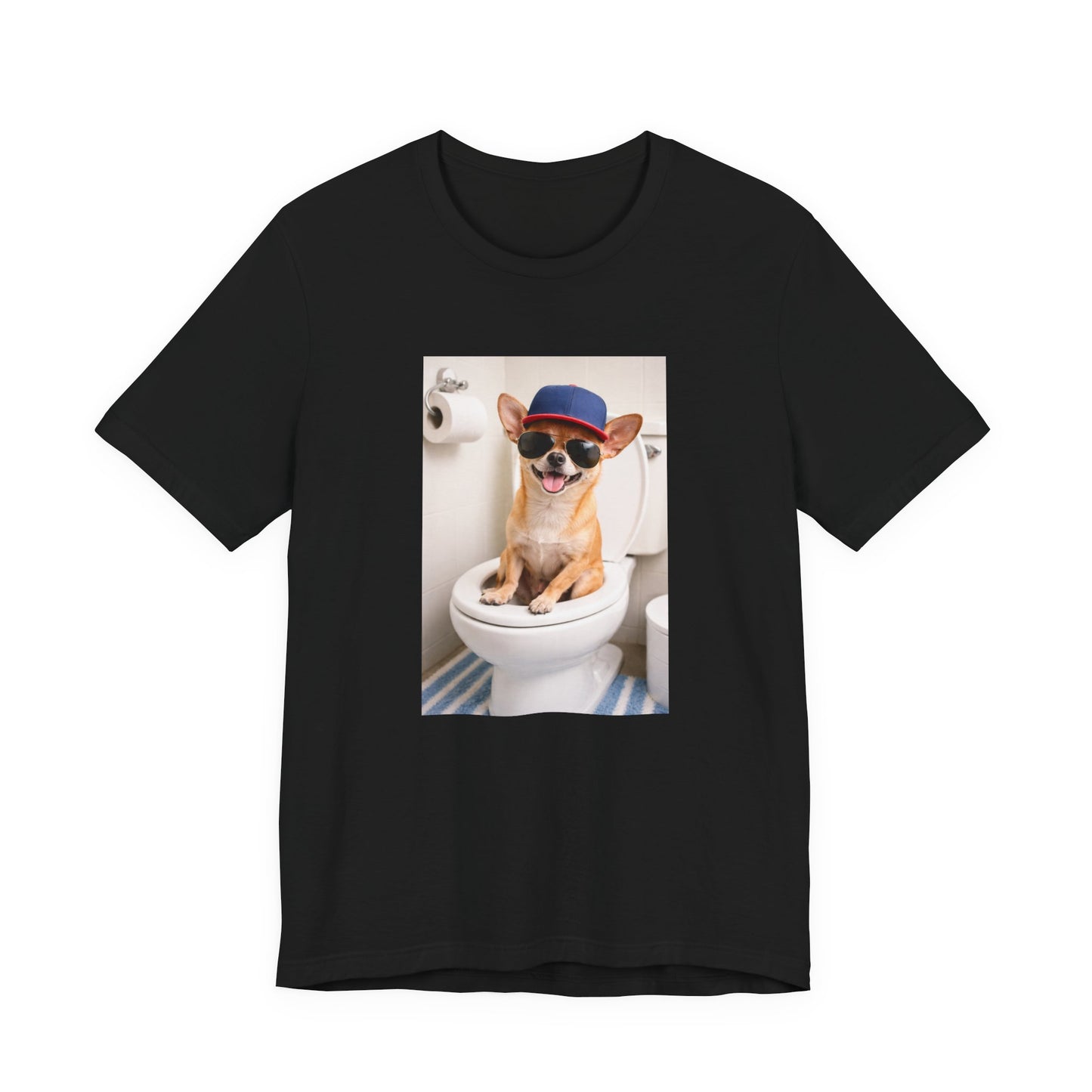 GA- Funny Chihuahua on Toilet T-Shirt — Cute Dog Graphic Tee with Sunglasses & Hat