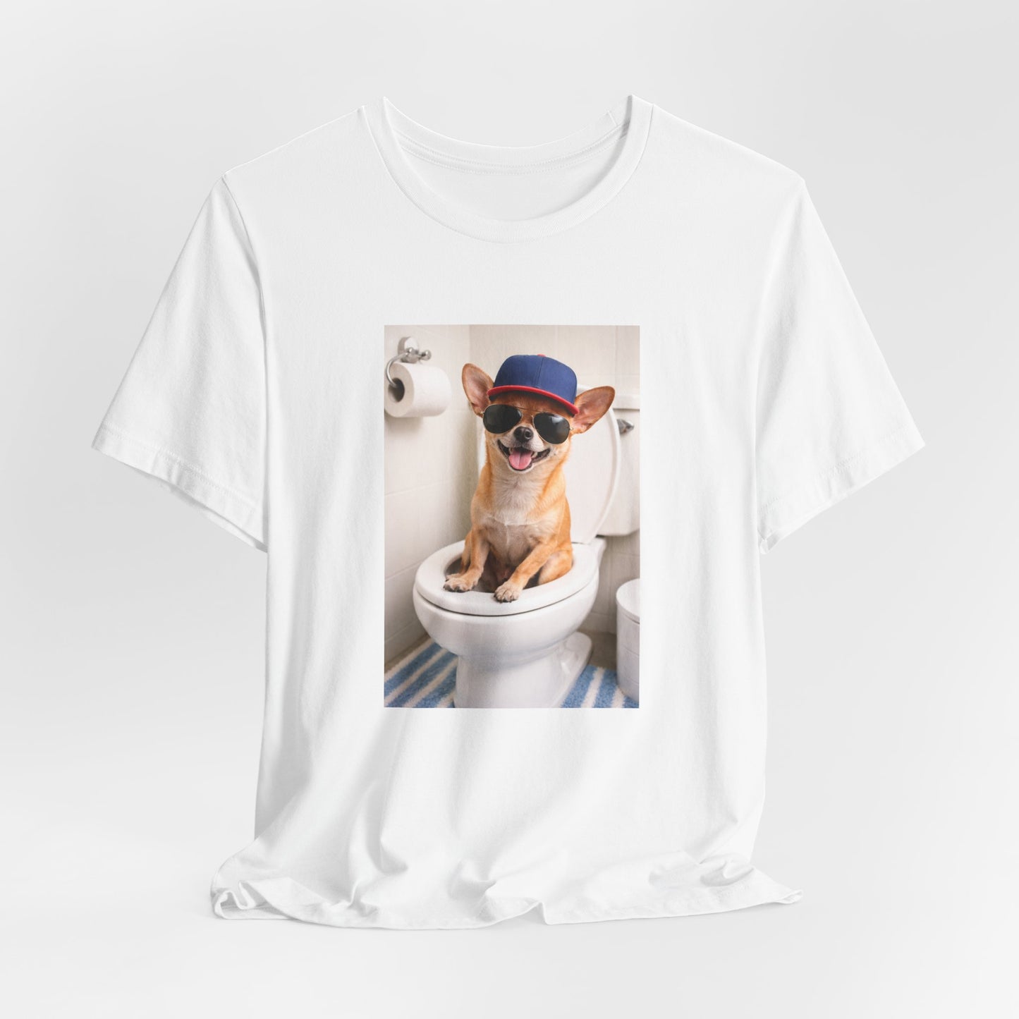 GA- Funny Chihuahua on Toilet T-Shirt — Cute Dog Graphic Tee with Sunglasses & Hat