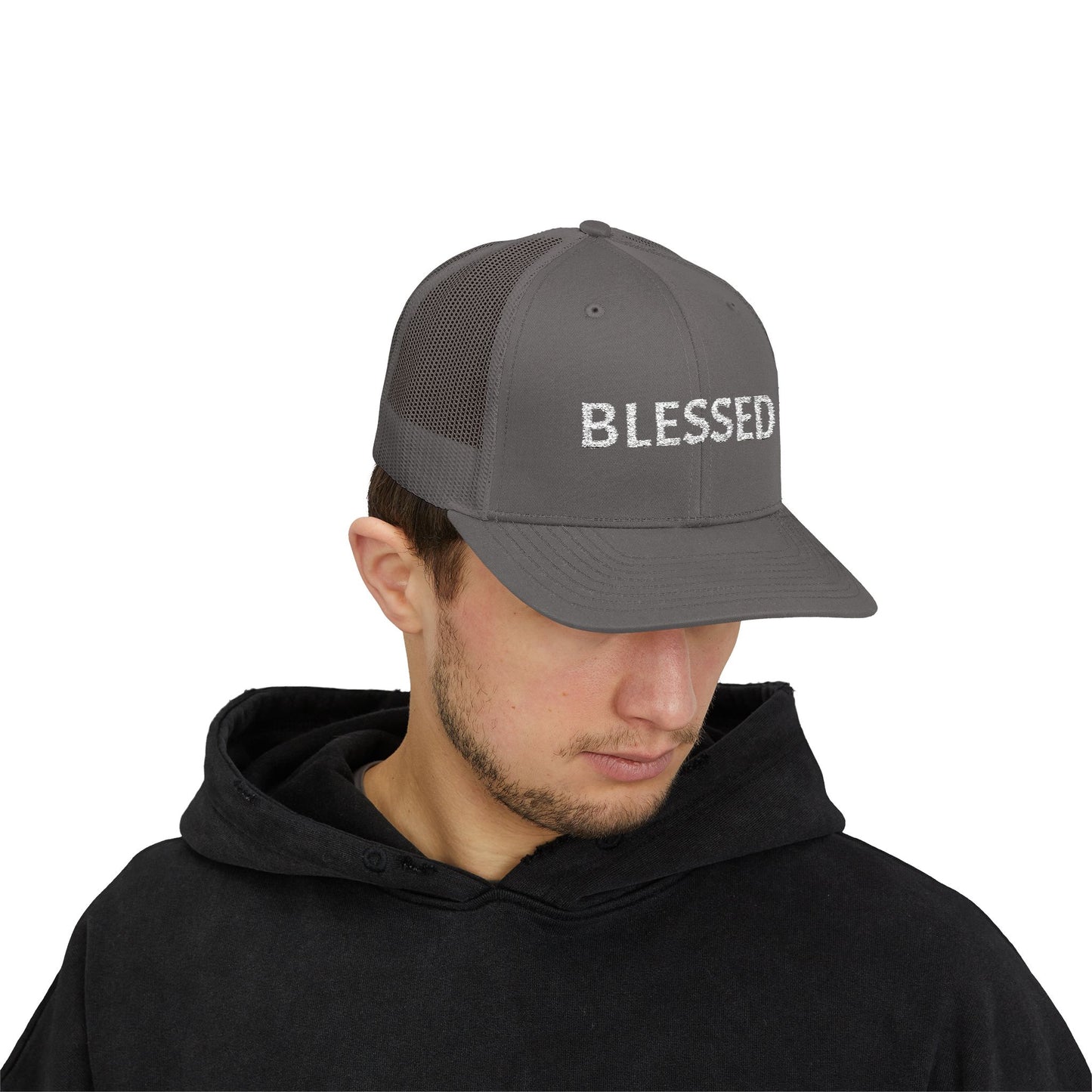 C- Blessed Trucker Cap — Embroidered 'BLESSED' Snapback Hat