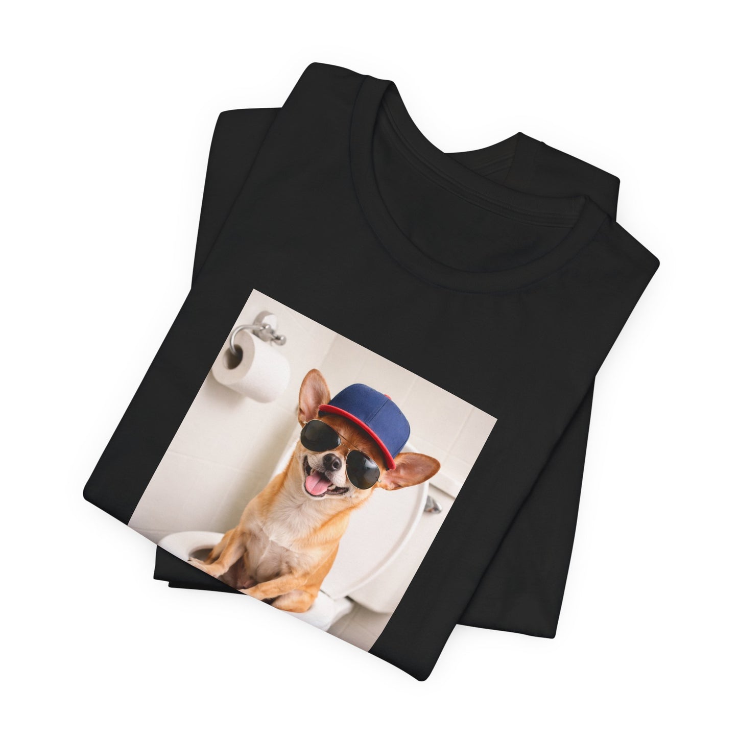 GA- Funny Chihuahua on Toilet T-Shirt — Cute Dog Graphic Tee with Sunglasses & Hat