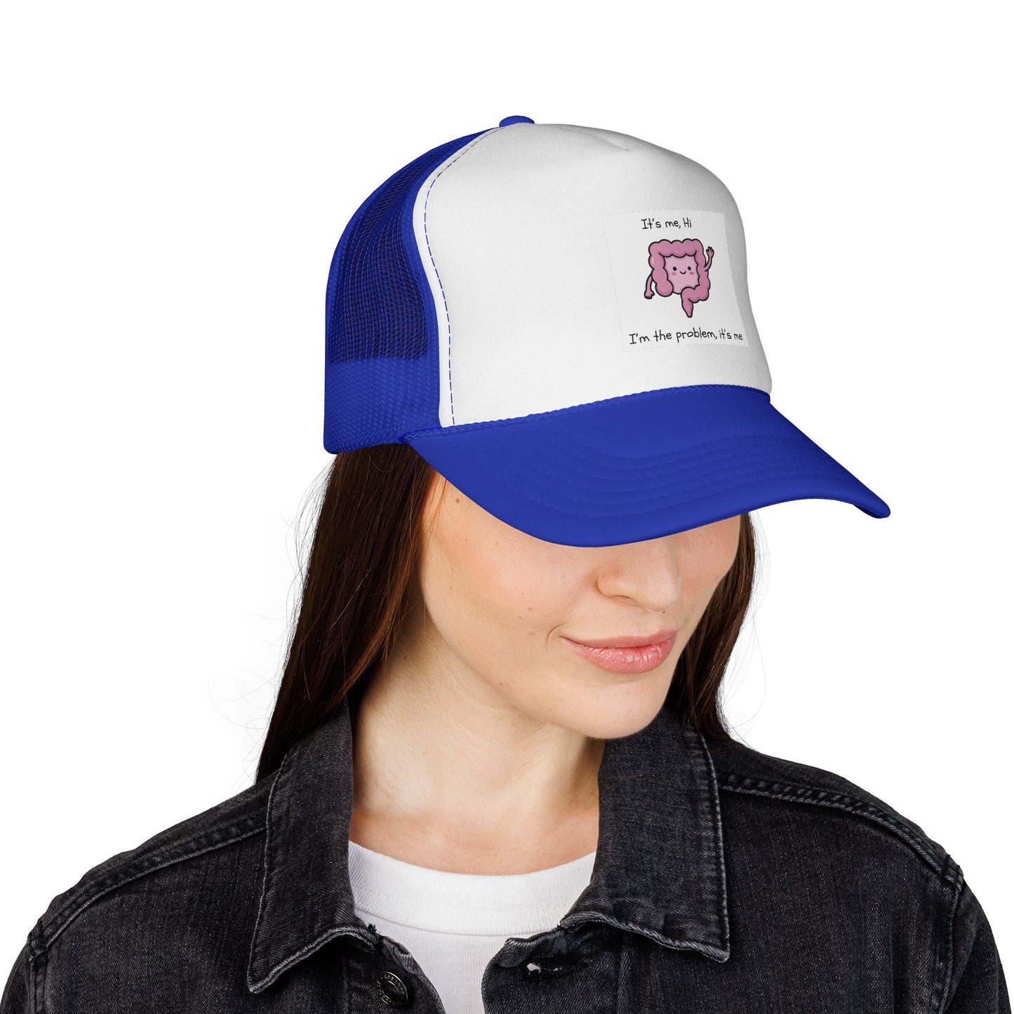 CAN- Trucker Cap — Cute Pink Colon  Cancer Cartoon "It's Me, Hi"  Hat