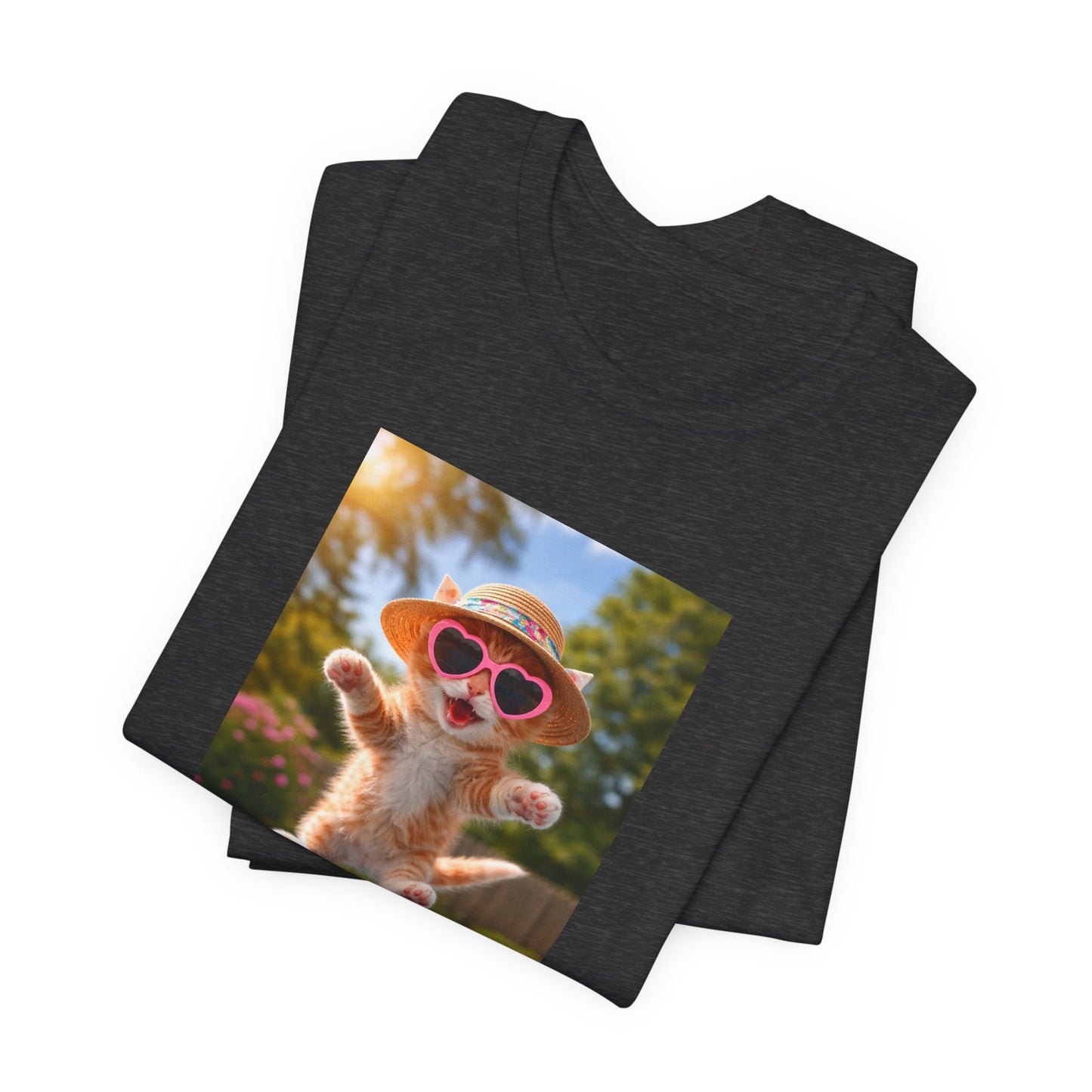 GA- Cute Cat  Tee — Kitten with Sunglasses & Straw Hat T-Shirt