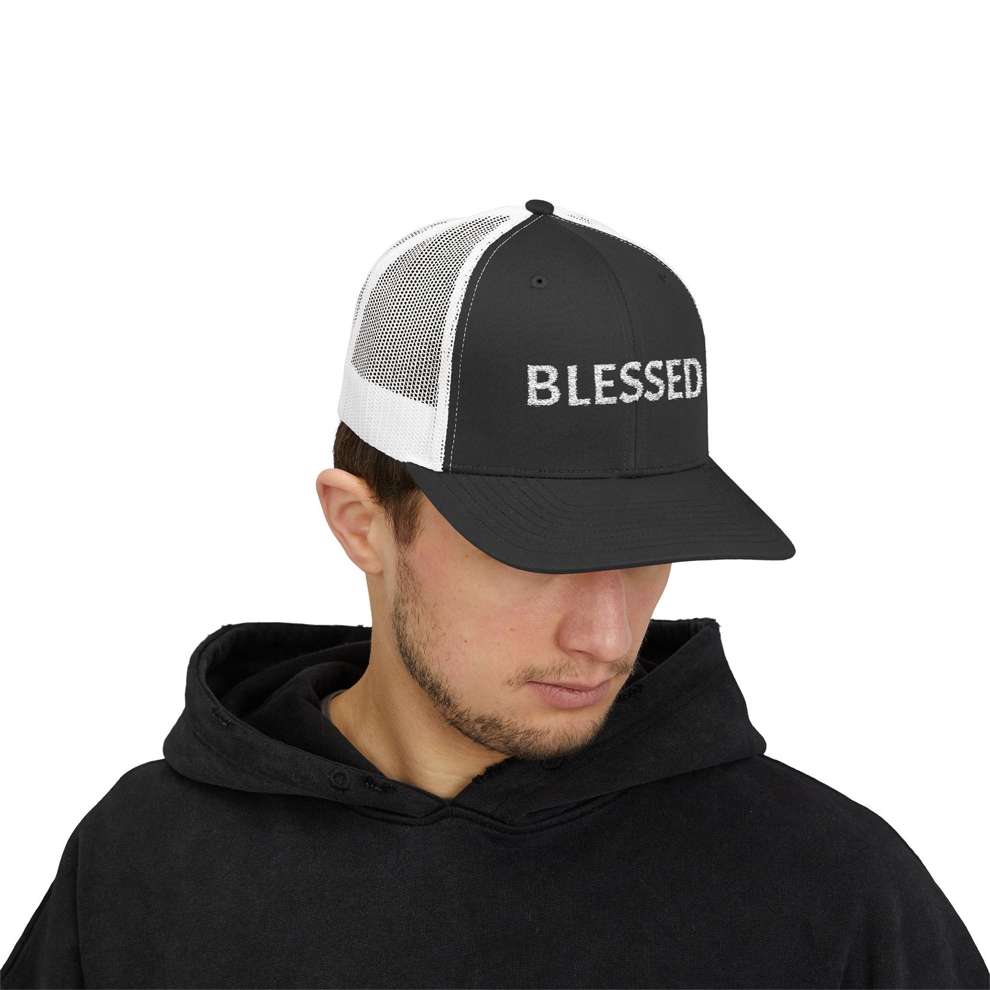 C- Blessed Trucker Cap — Embroidered 'BLESSED' Snapback Hat