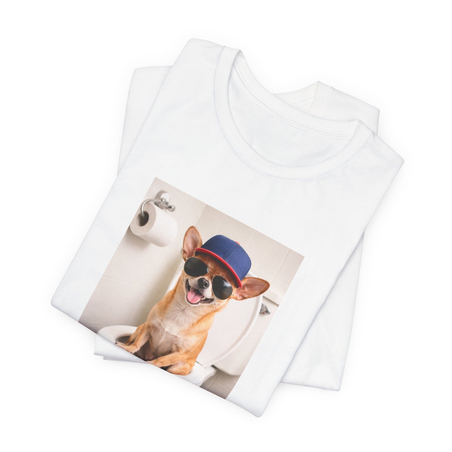 GA- Funny Chihuahua on Toilet T-Shirt — Cute Dog Graphic Tee with Sunglasses & Hat