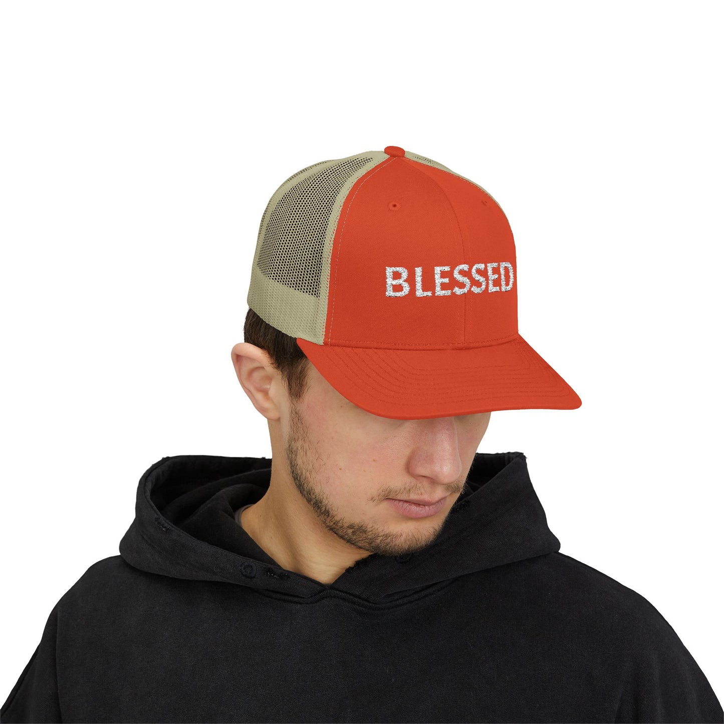 C- Blessed Trucker Cap — Embroidered 'BLESSED' Snapback Hat