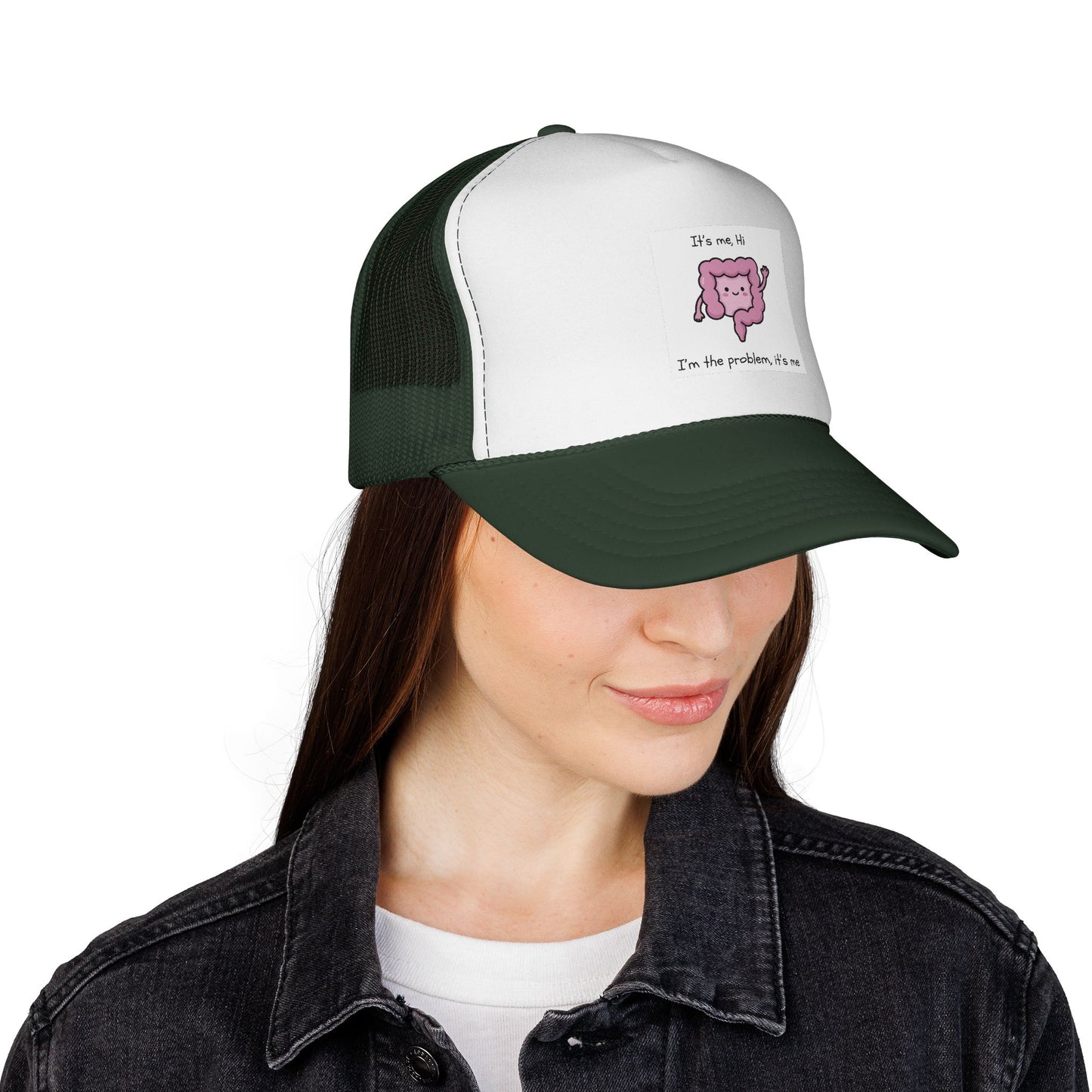 CAN- Trucker Cap — Cute Pink Colon  Cancer Cartoon "It's Me, Hi"  Hat