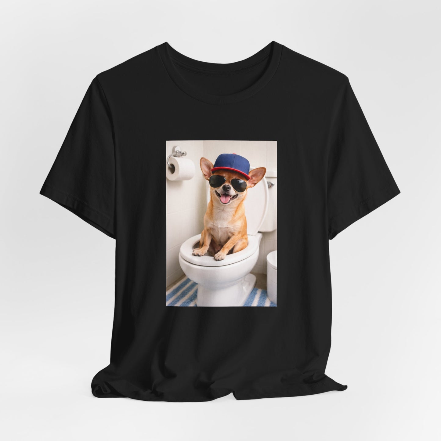 GA- Funny Chihuahua on Toilet T-Shirt — Cute Dog Graphic Tee with Sunglasses & Hat