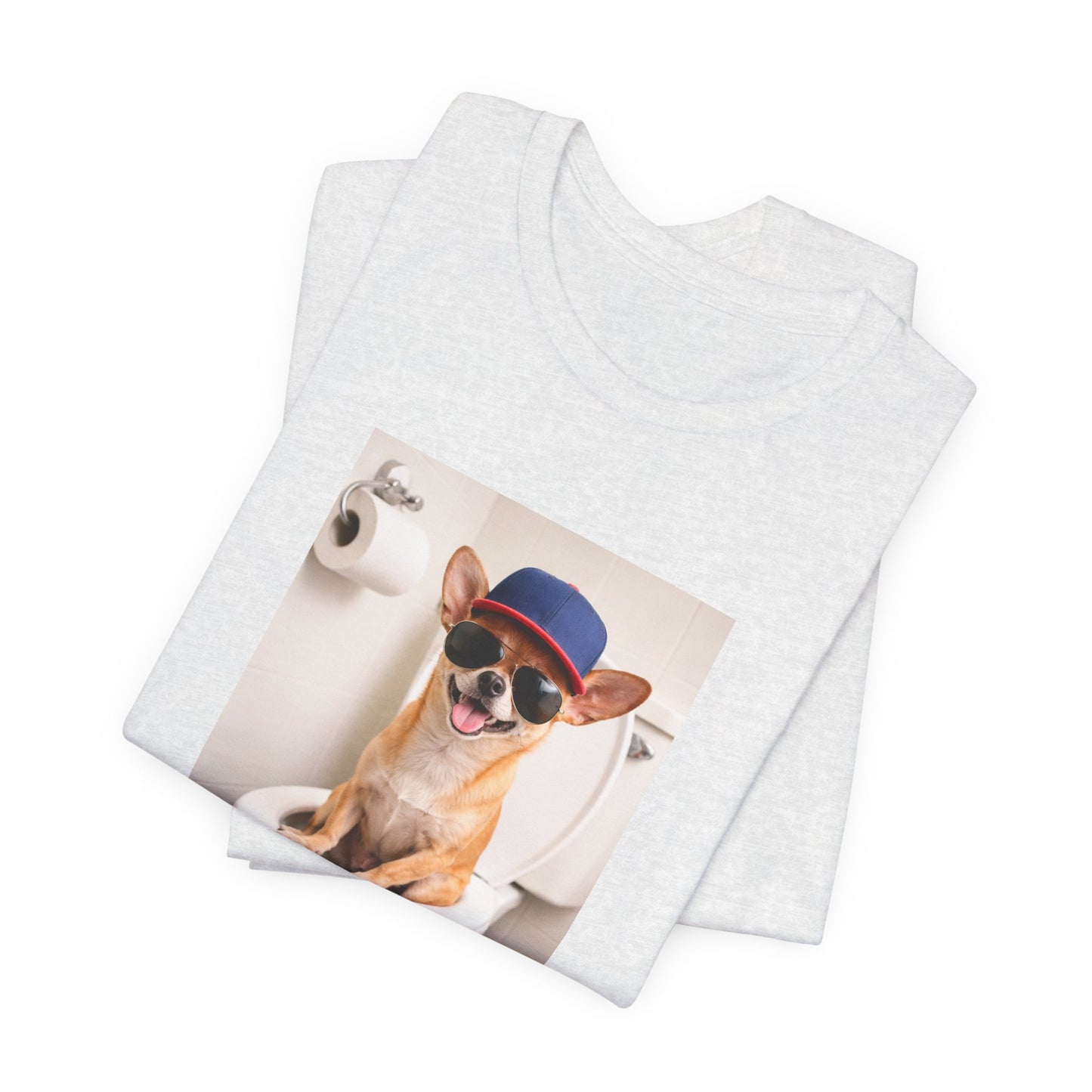 GA- Funny Chihuahua on Toilet T-Shirt — Cute Dog Graphic Tee with Sunglasses & Hat