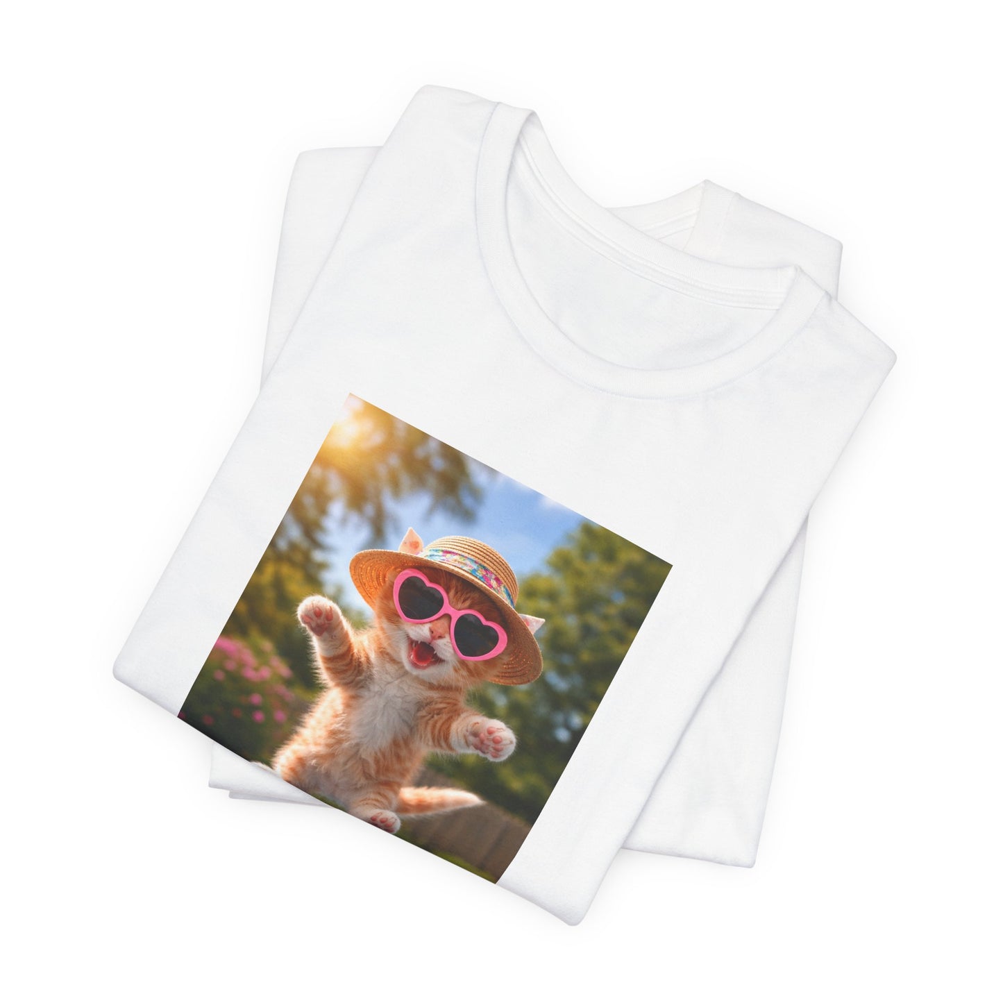 GA- Cute Cat  Tee — Kitten with Sunglasses & Straw Hat T-Shirt