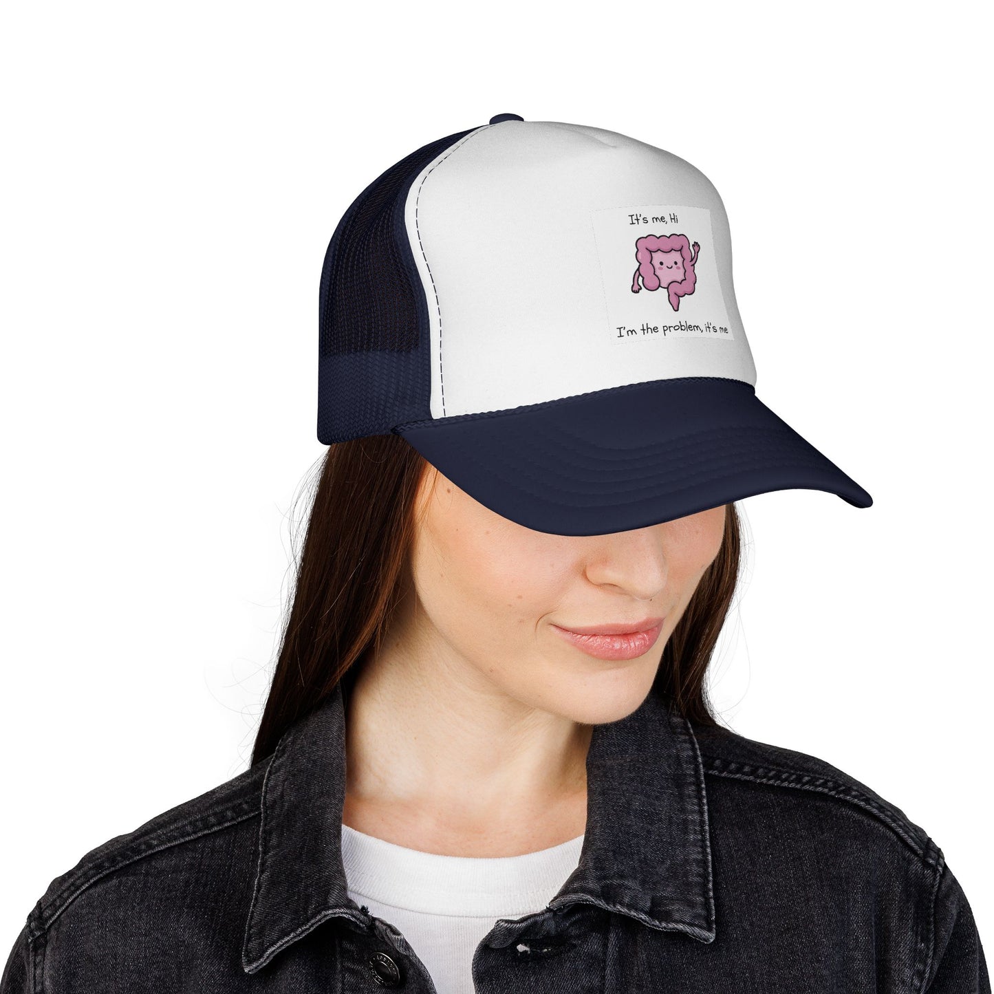 CAN- Trucker Cap — Cute Pink Colon  Cancer Cartoon "It's Me, Hi"  Hat