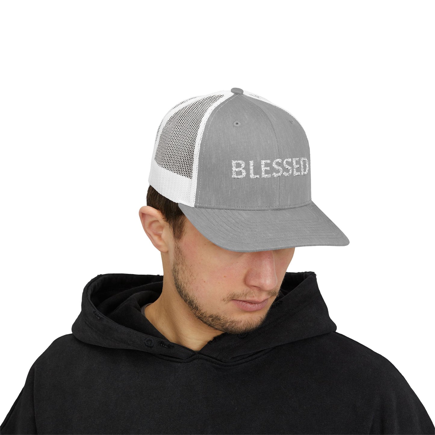 C- Blessed Trucker Cap — Embroidered 'BLESSED' Snapback Hat
