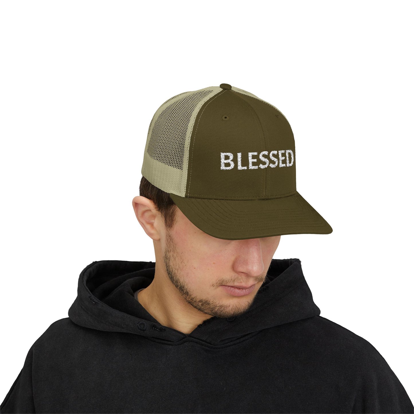 C- Blessed Trucker Cap — Embroidered 'BLESSED' Snapback Hat