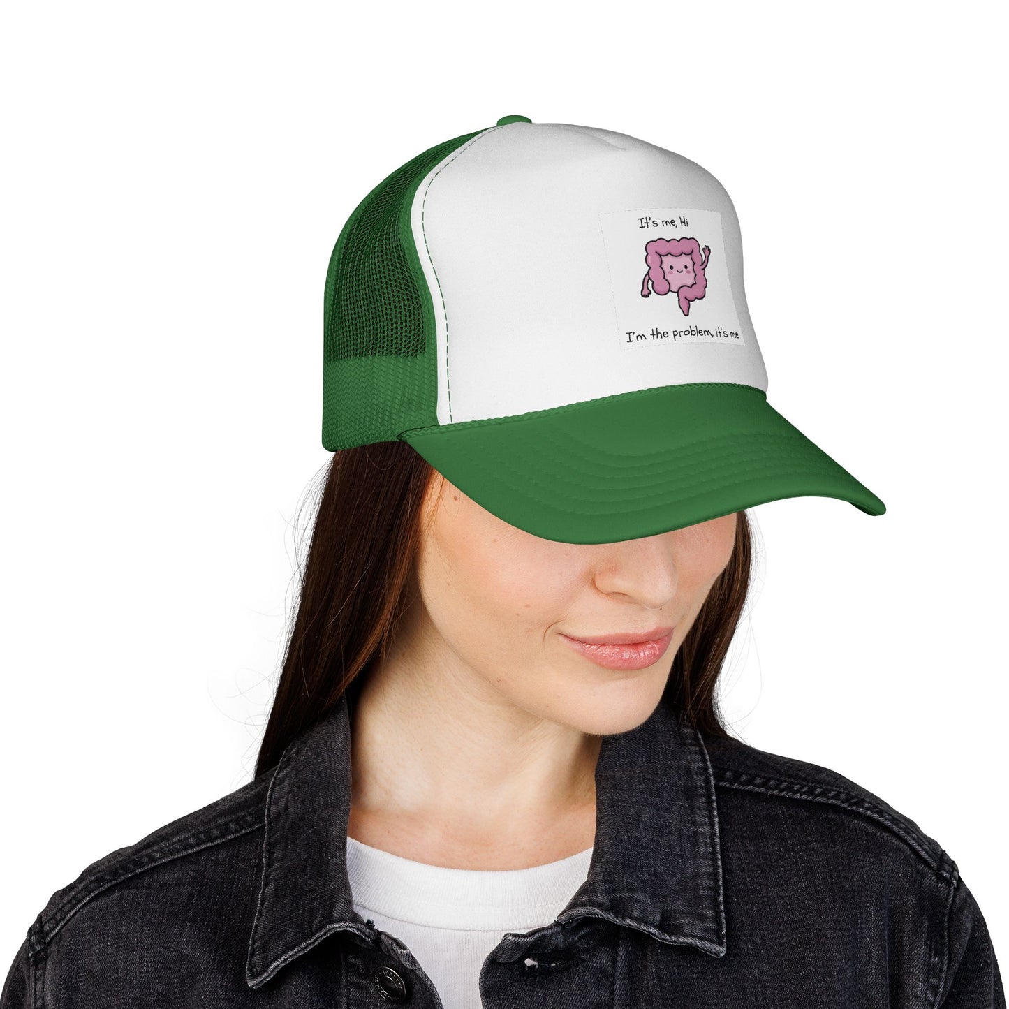 CAN- Trucker Cap — Cute Pink Colon  Cancer Cartoon "It's Me, Hi"  Hat