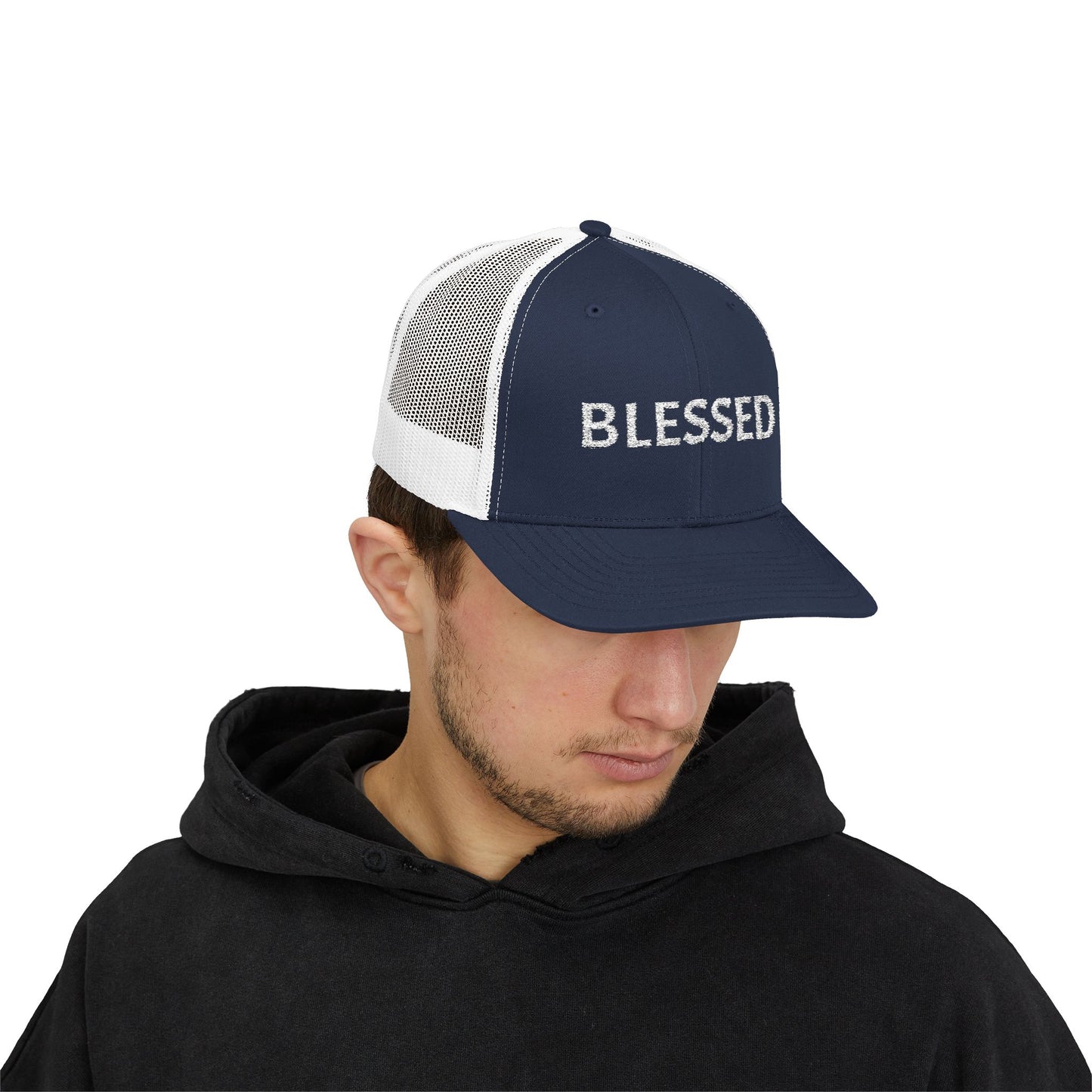 C- Blessed Trucker Cap — Embroidered 'BLESSED' Snapback Hat