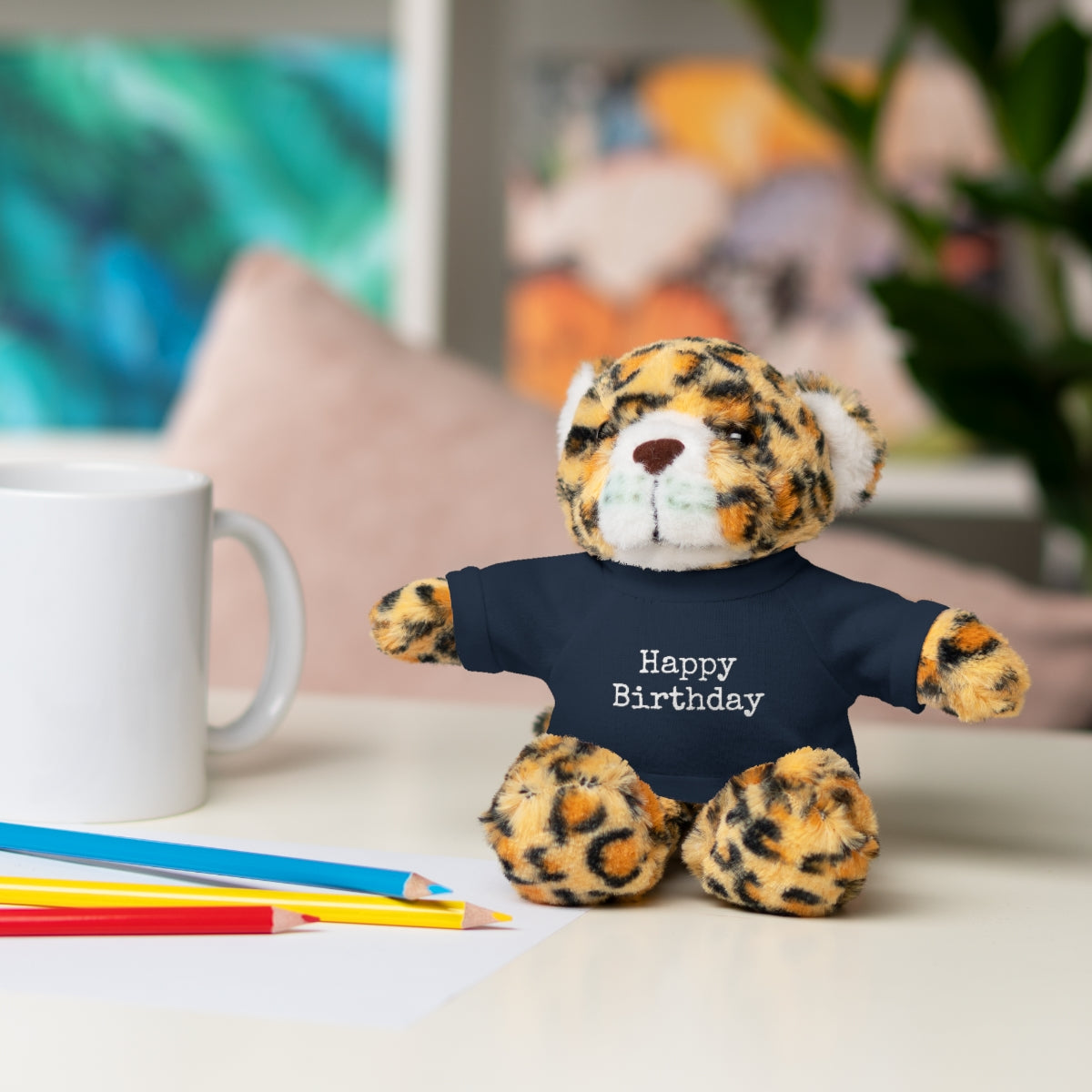 SA- Happy Birthday White Font Stuffed Animals with Tee