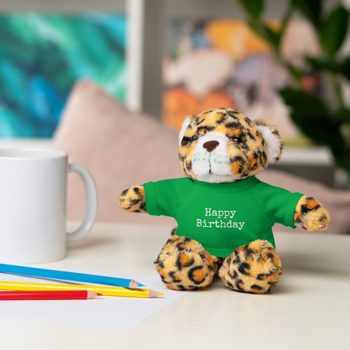 SA- Happy Birthday White Font Stuffed Animals with Tee