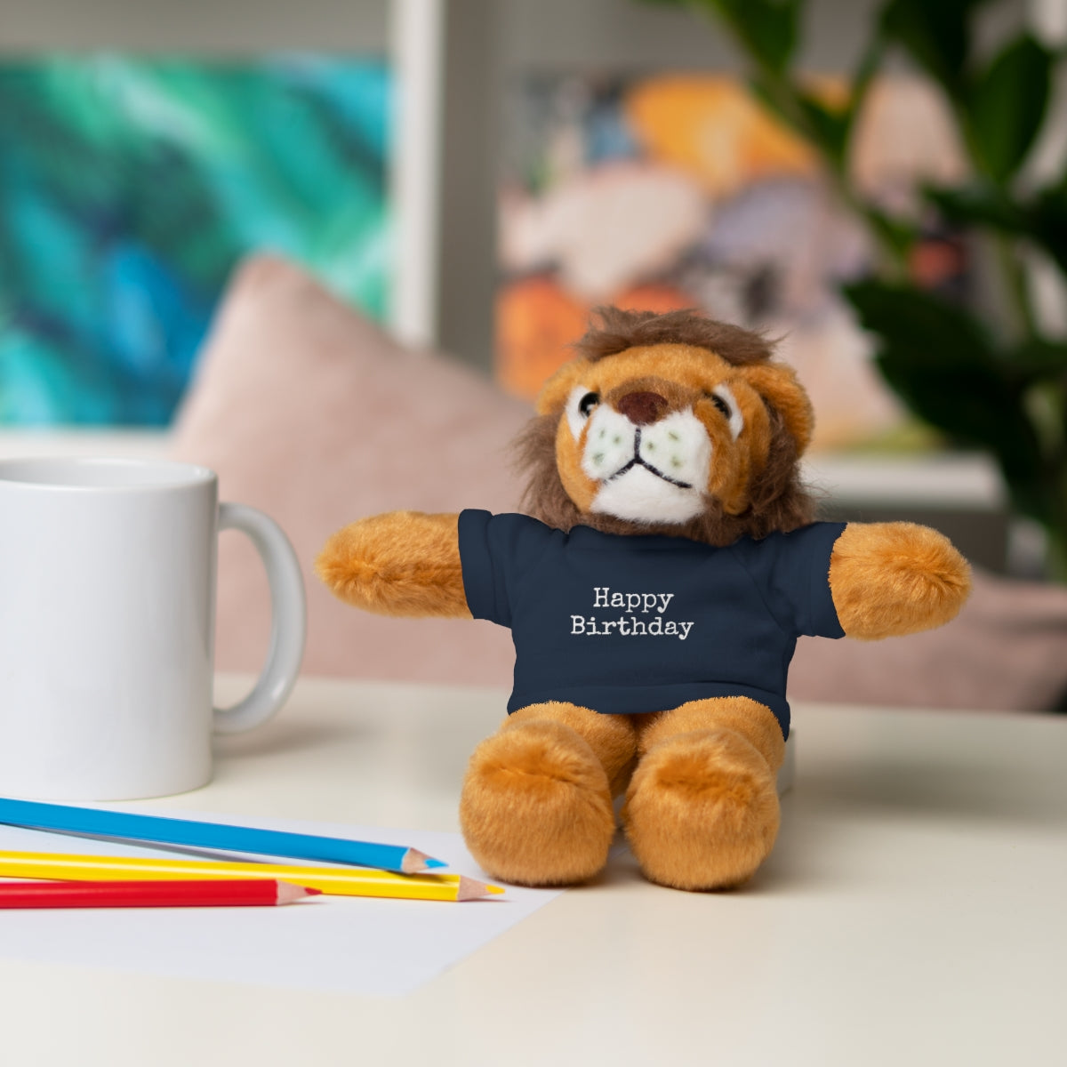 SA- Happy Birthday White Font Stuffed Animals with Tee