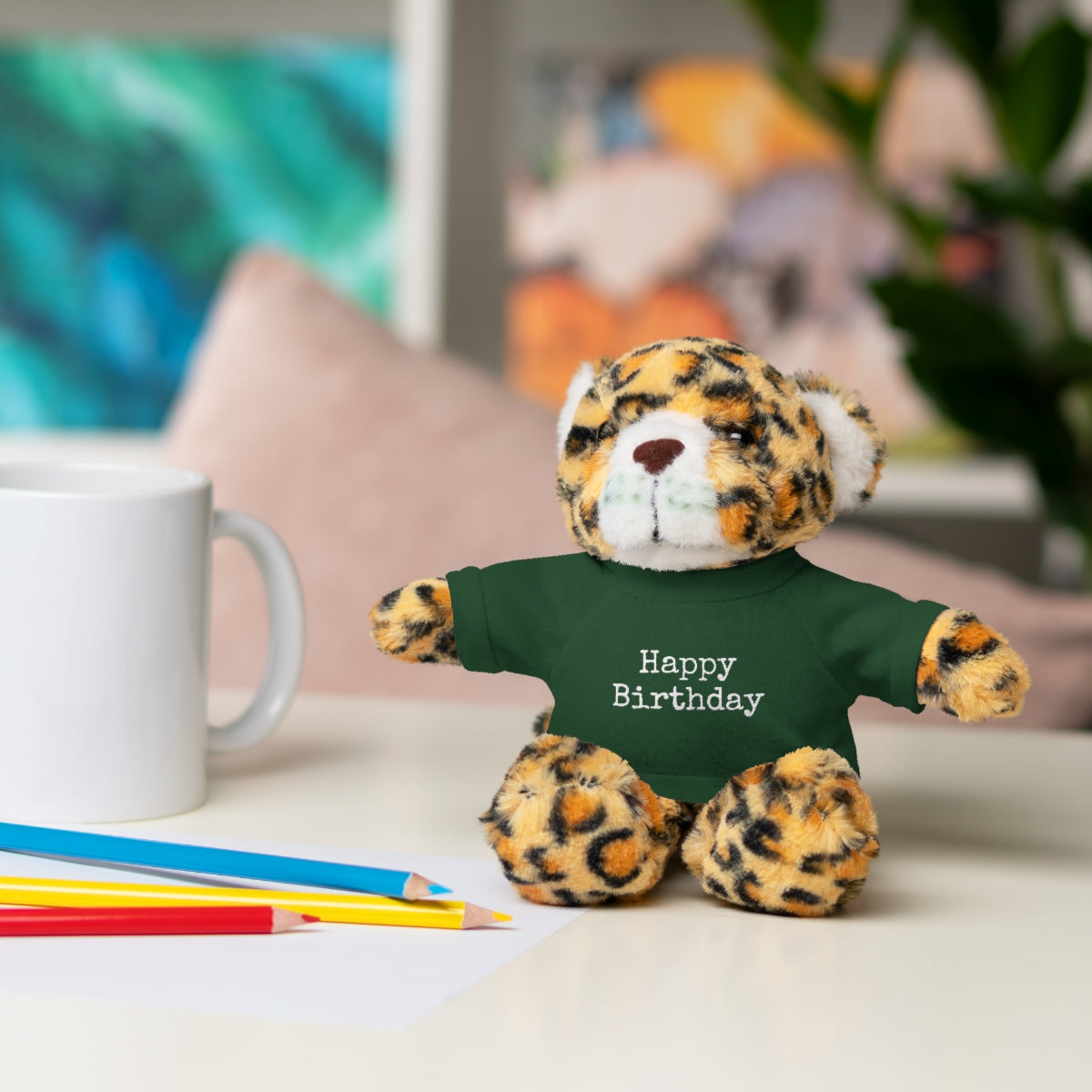 SA- Happy Birthday White Font Stuffed Animals with Tee