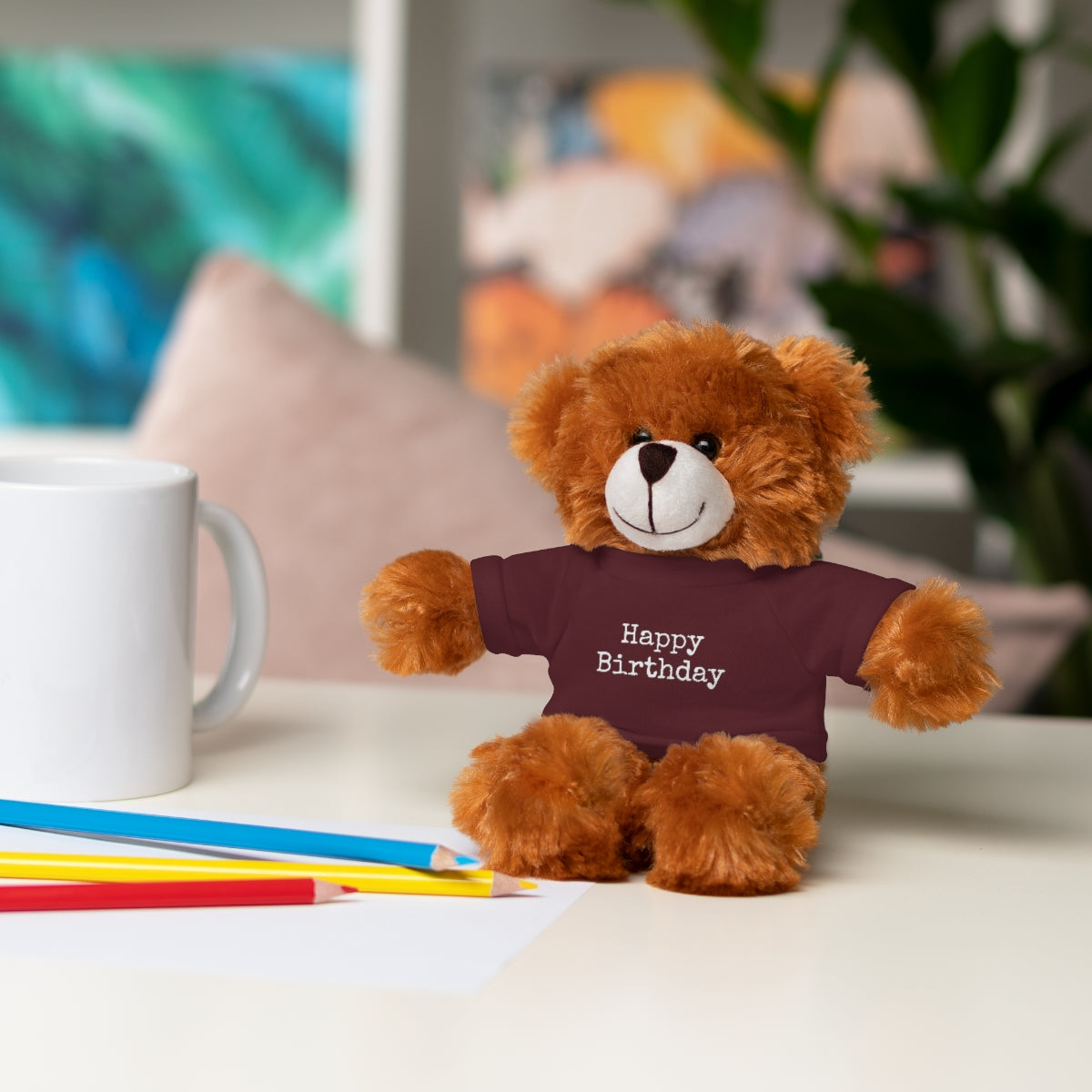 SA- Happy Birthday White Font Stuffed Animals with Tee