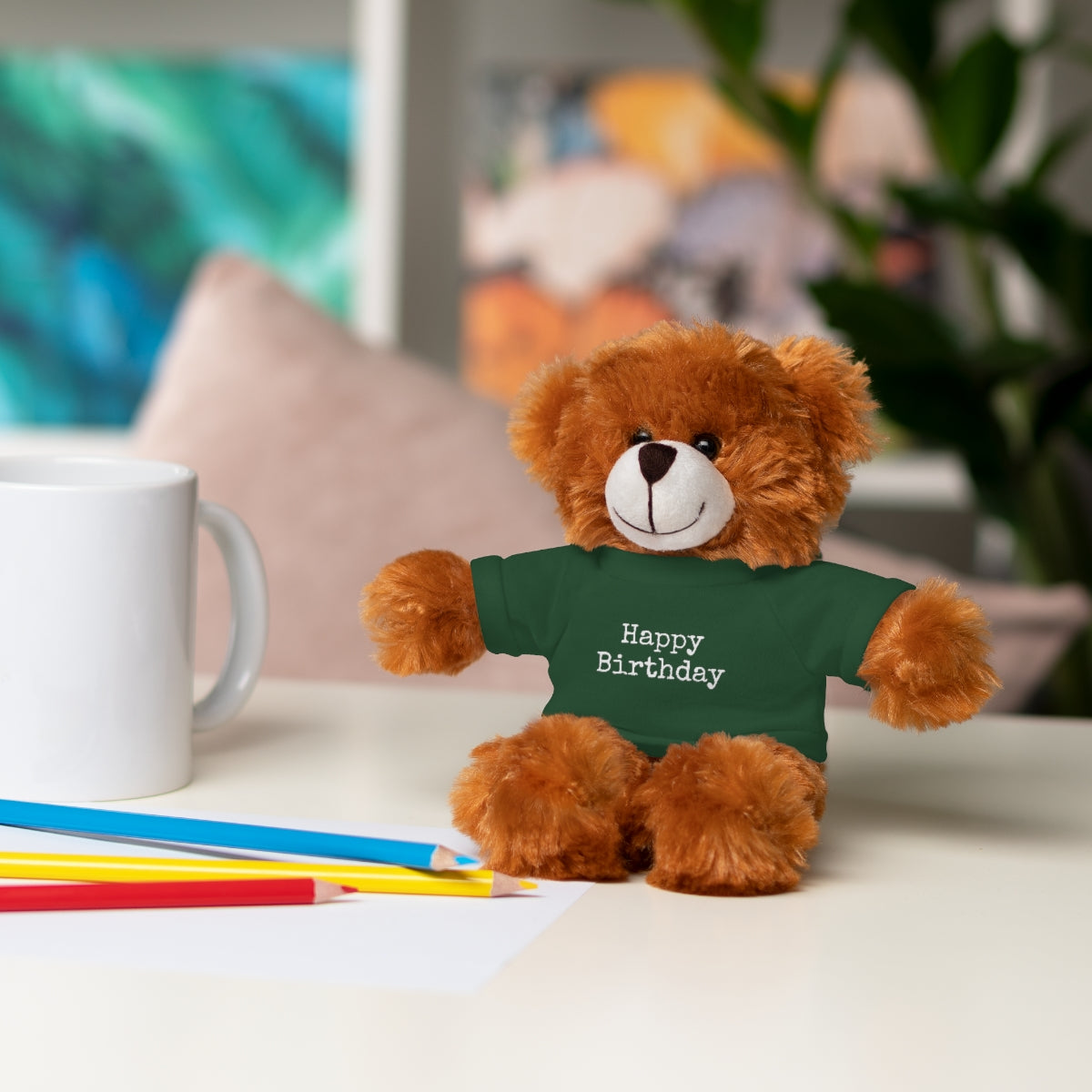 SA- Happy Birthday White Font Stuffed Animals with Tee