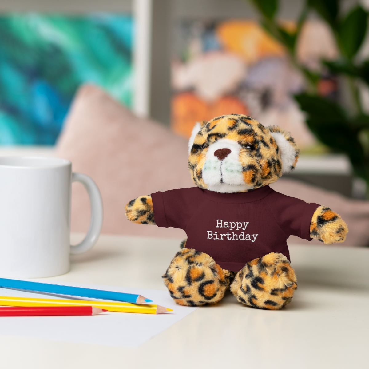 SA- Happy Birthday White Font Stuffed Animals with Tee