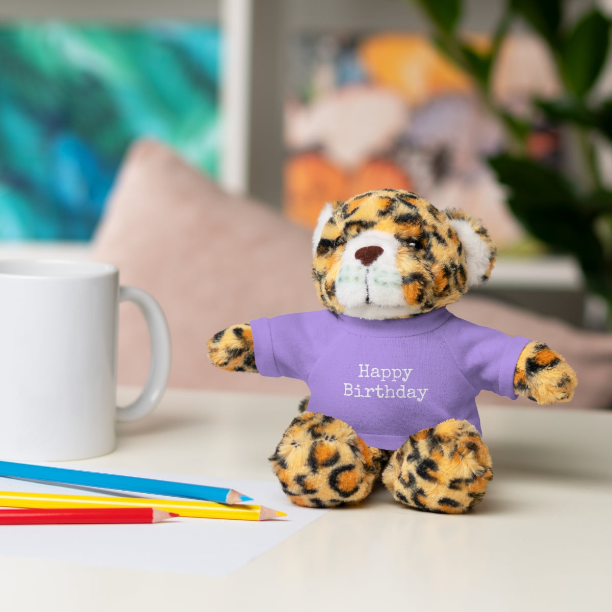 SA- Happy Birthday White Font Stuffed Animals with Tee