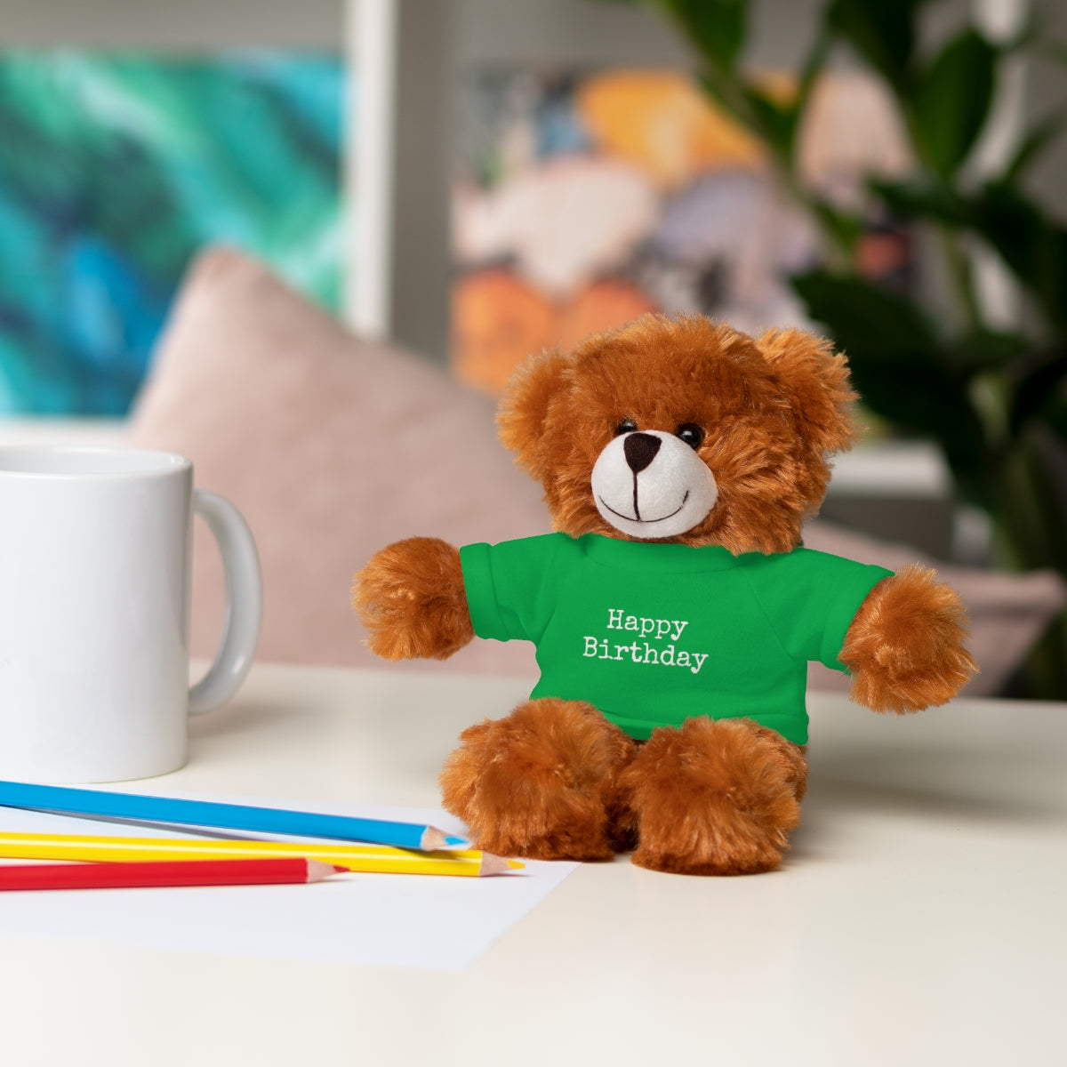 SA- Happy Birthday White Font Stuffed Animals with Tee