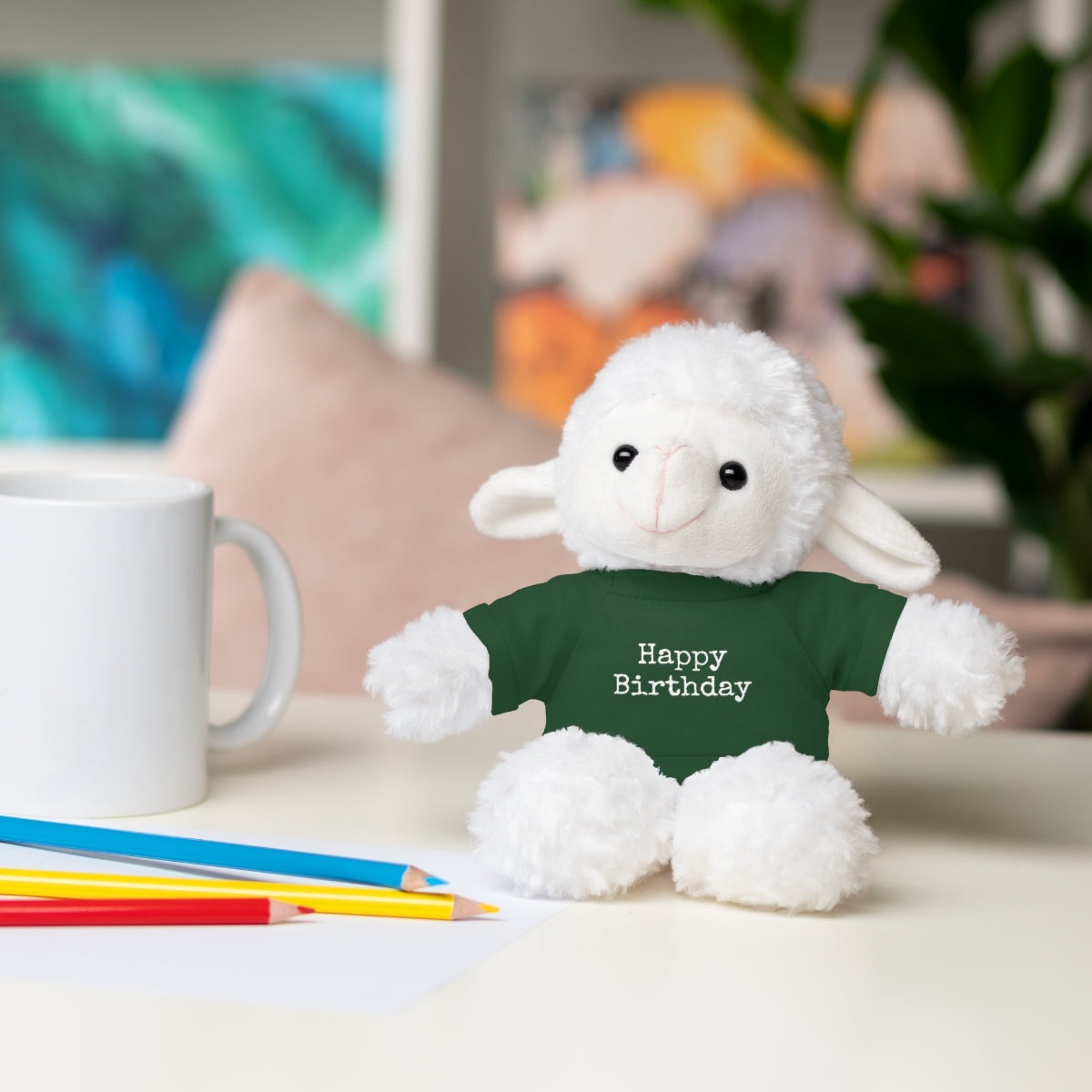 SA- Happy Birthday White Font Stuffed Animals with Tee