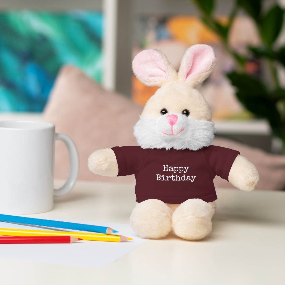 SA- Happy Birthday White Font Stuffed Animals with Tee