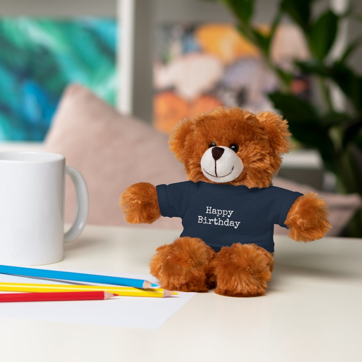 SA- Happy Birthday White Font Stuffed Animals with Tee