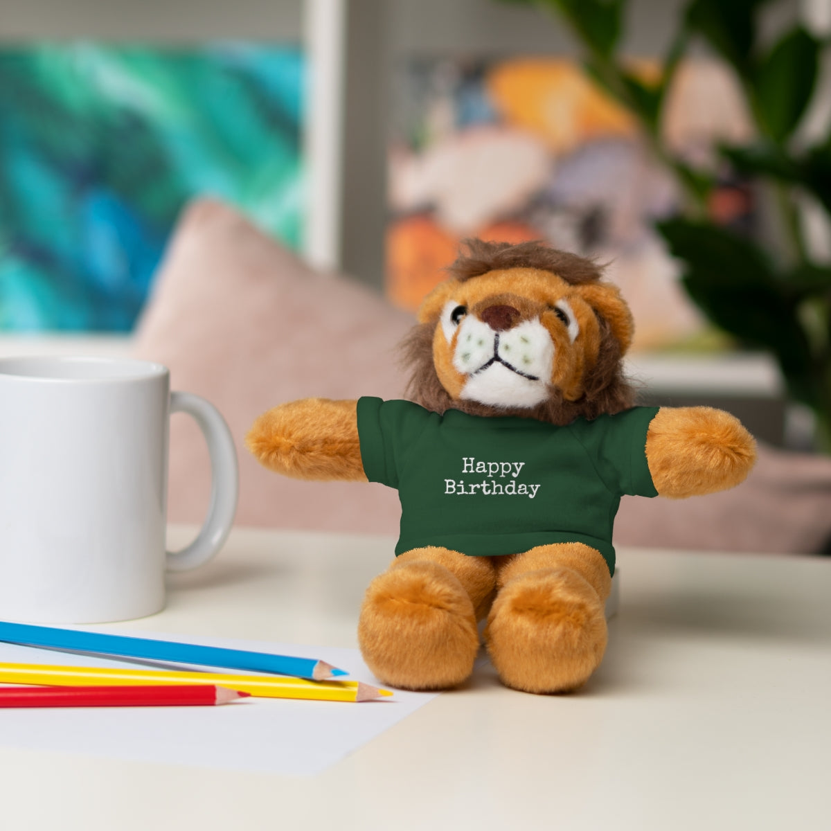 SA- Happy Birthday White Font Stuffed Animals with Tee